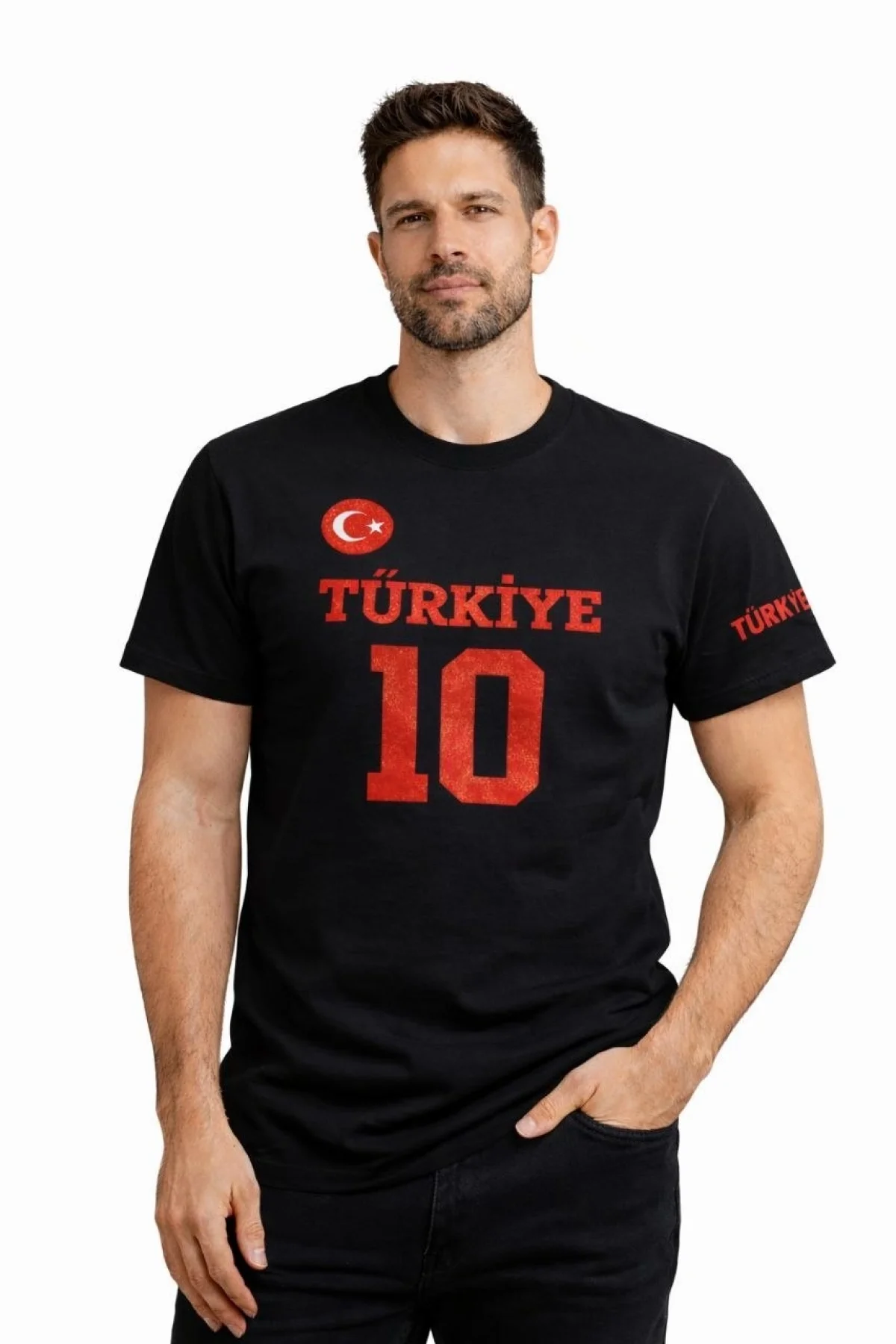 Erkek TÜRKİYE Ay Yıldız Baskılı 10 Numara Forma Tişört Taraftar T-Shirt - Siyah