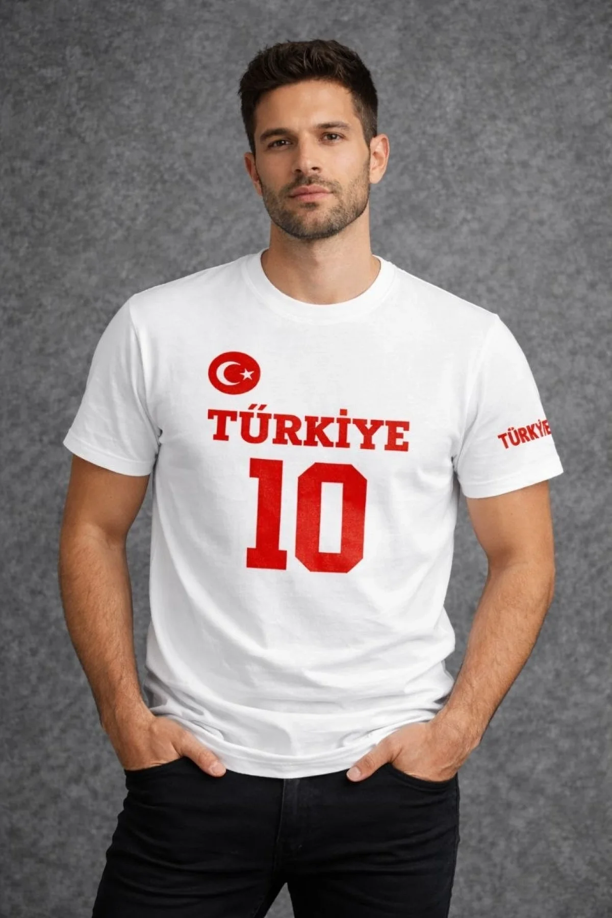 Erkek TÜRKİYE Ay Yıldız Baskılı 10 Numara Forma Tişört Taraftar T-Shirt - Beyaz