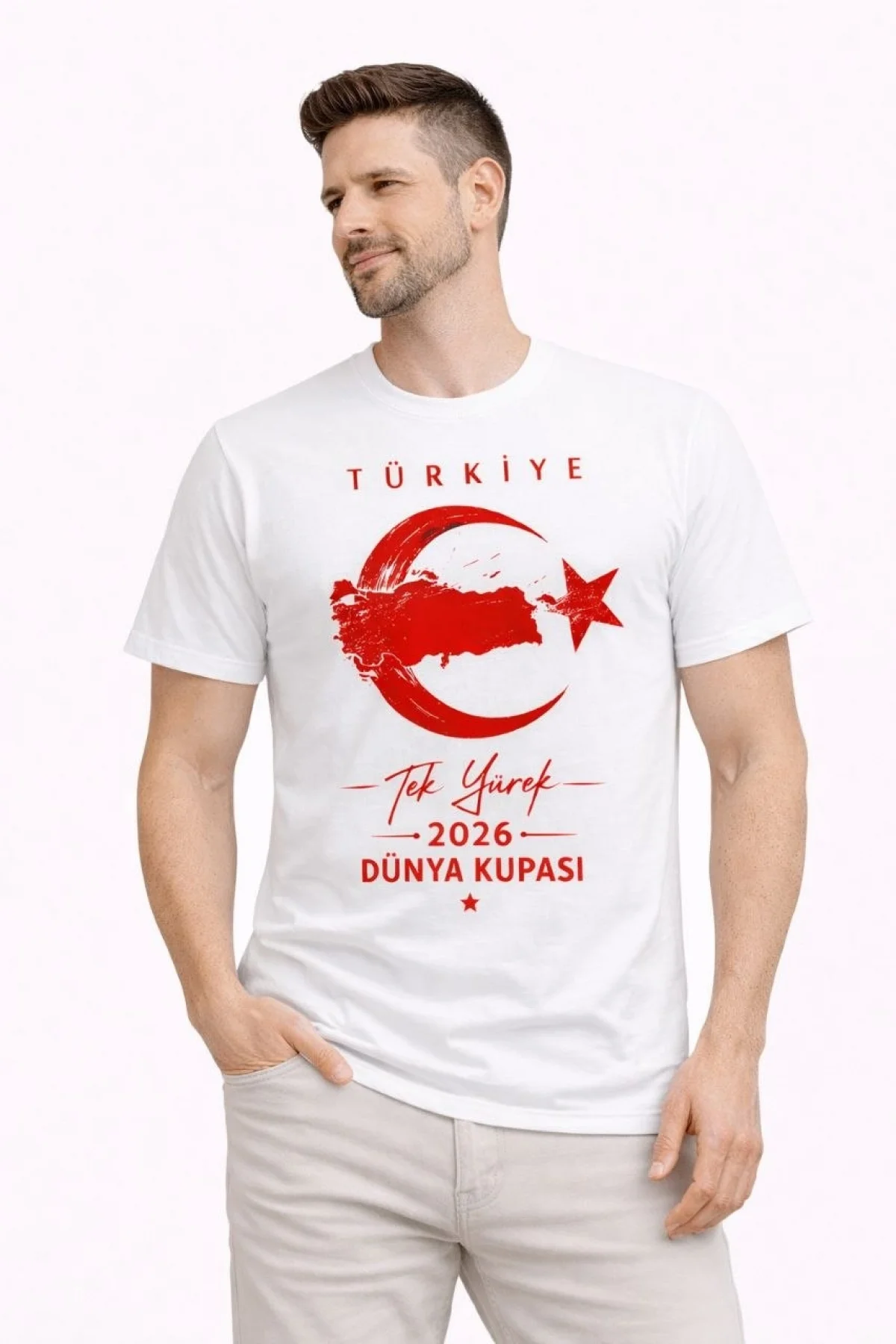 Erkek TÜRKİYE Ay Yıldız Baskılı Taraftar Forma T-Shirt - Beyaz