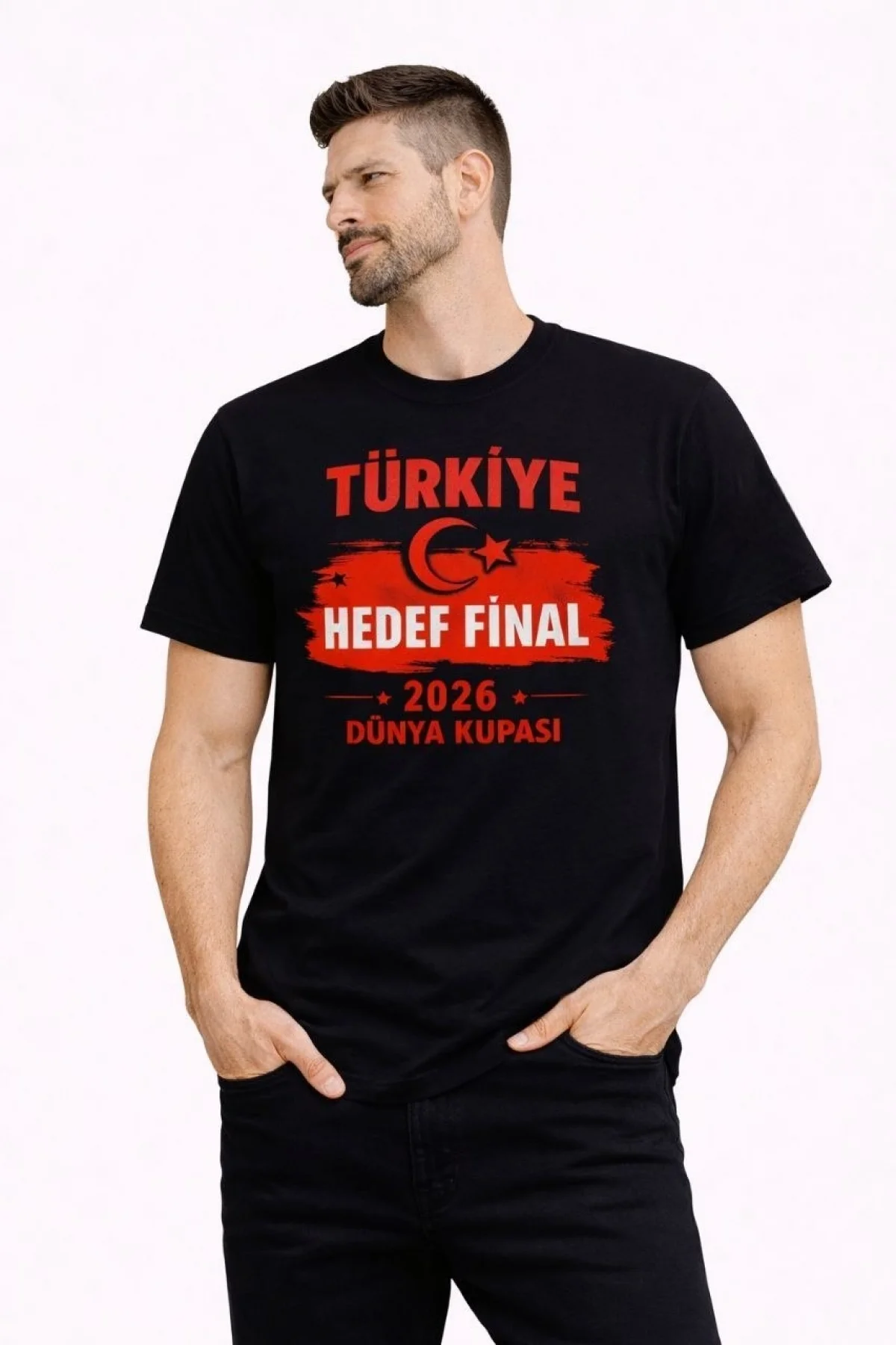 Erkek TÜRKİYE Baskılı Tişört Ay Yıldız 2026 Dünya Kupası Taraftar Forma T-Shirt - Siyah