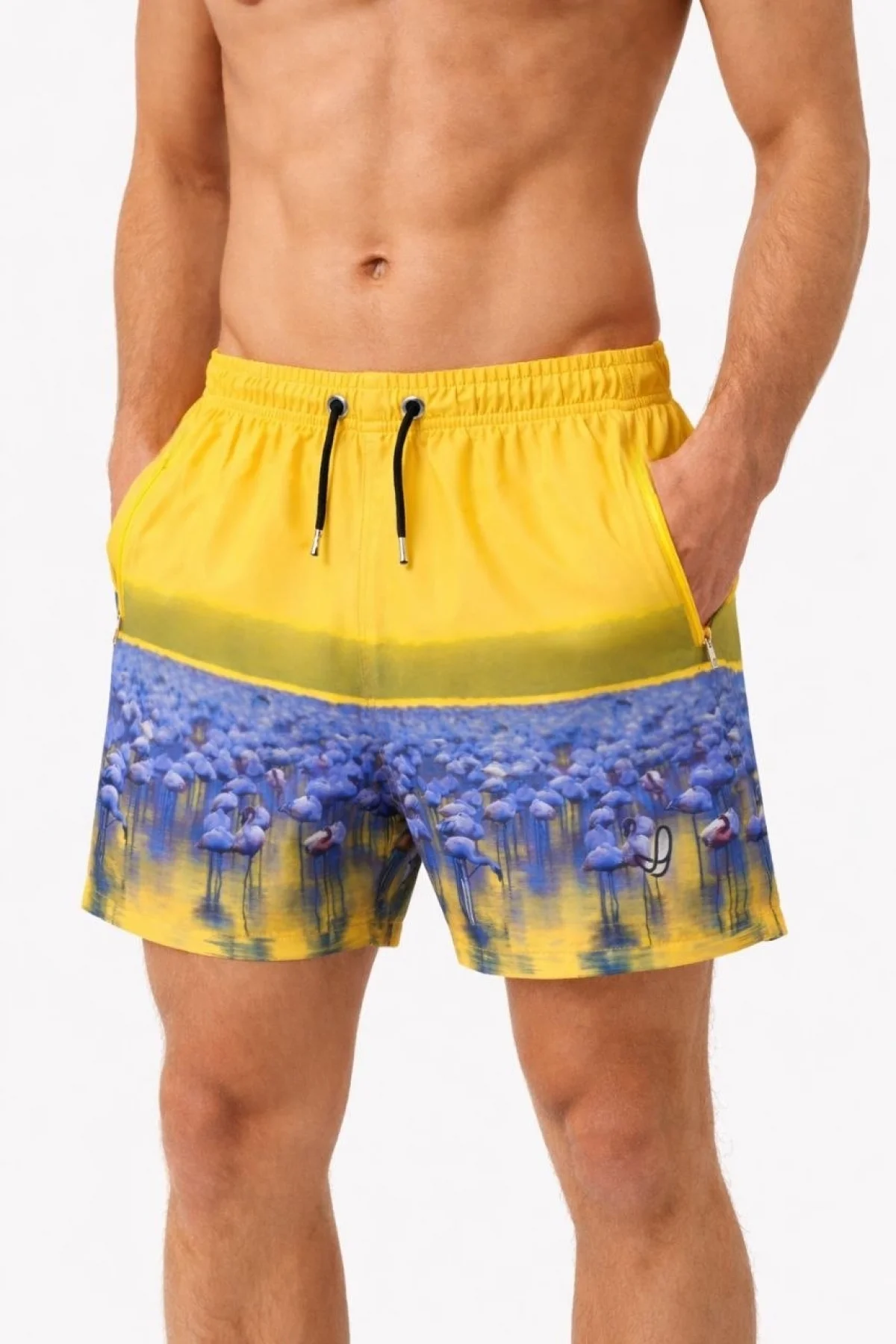 Erkek Deniz Şortu Fermuarlı Cepli File Astarlı Hızlı Kuruyan Premium - Sarı
