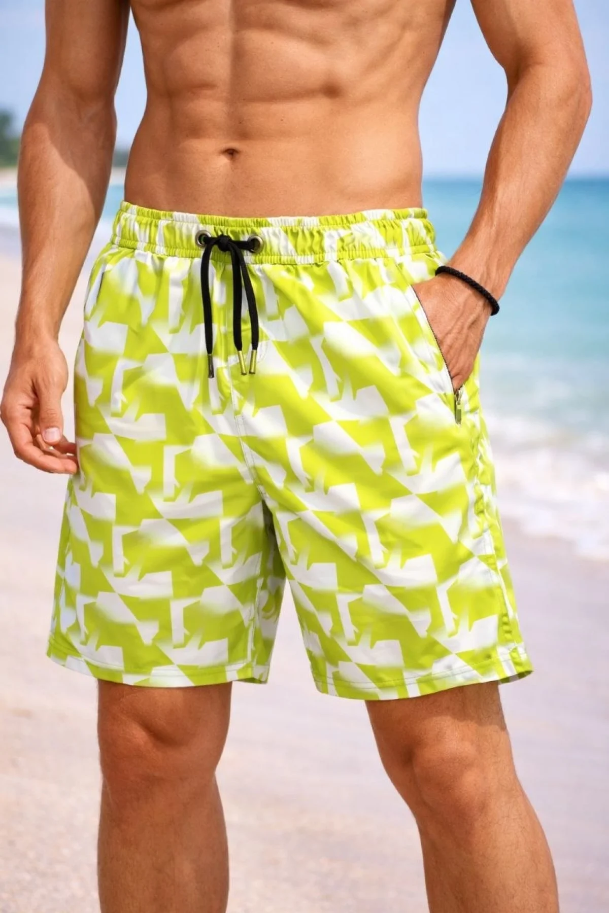 Erkek Deniz Şortu Fermuarlı Cepli File Astarlı Hızlı Kuruyan Premium - Sarı