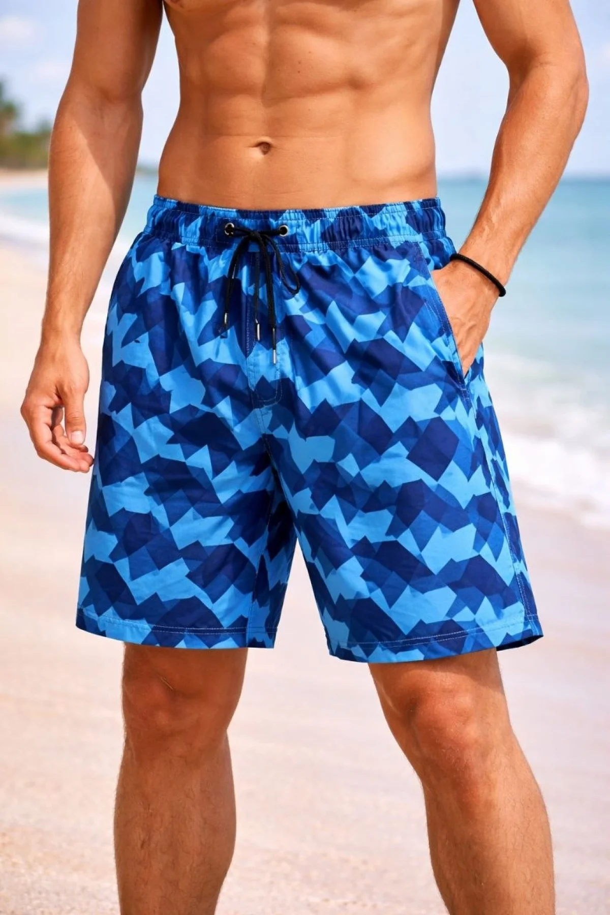 Erkek Deniz Şortu Fermuarlı Cepli File Astarlı Hızlı Kuruyan Premium - Mavi