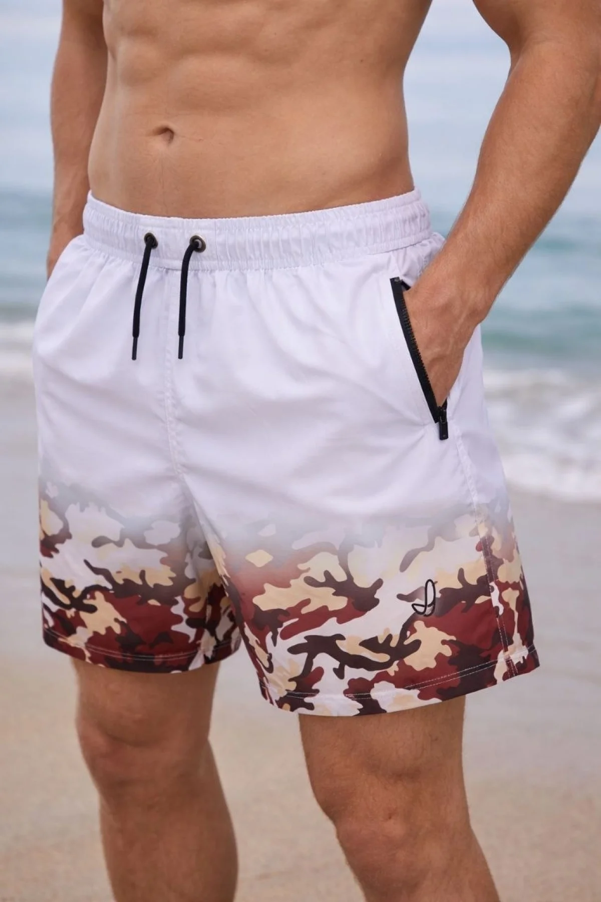 Erkek Deniz Şortu Fermuarlı Cepli File Astarlı Hızlı Kuruyan Premium - Beyaz