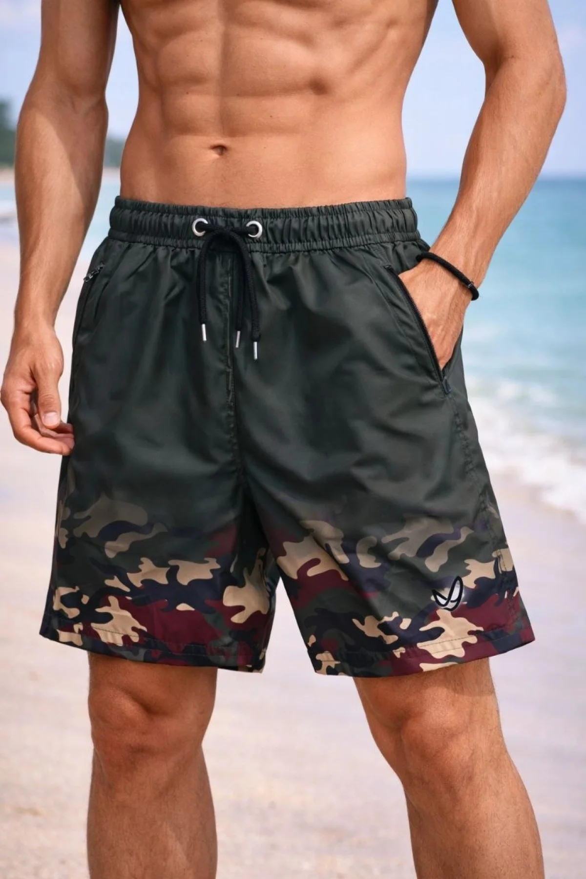 Erkek Deniz Şortu Fermuarlı Cepli File Astarlı Hızlı Kuruyan Premium - Haki