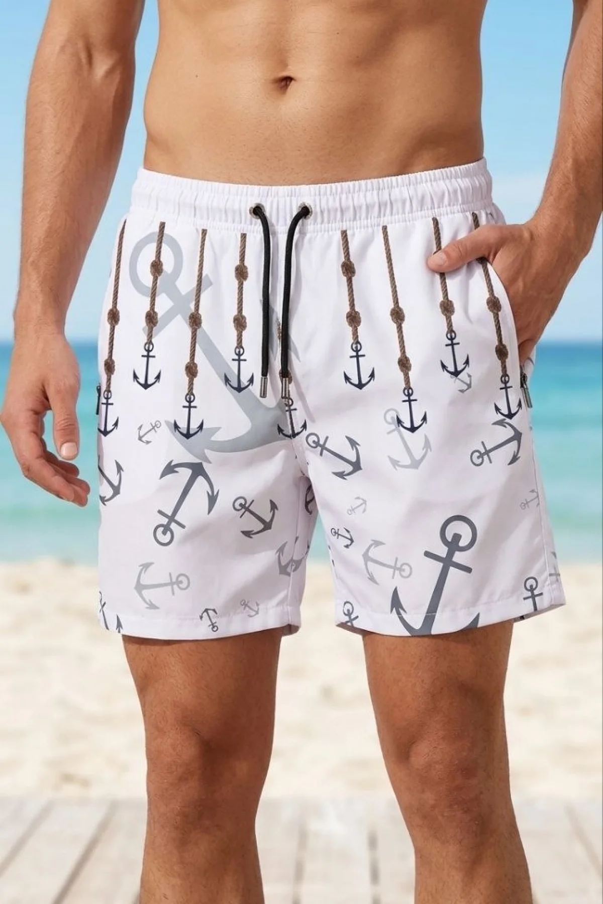 Erkek Deniz Şortu Fermuarlı Cepli File Astarlı Hızlı Kuruyan Premium - Beyaz