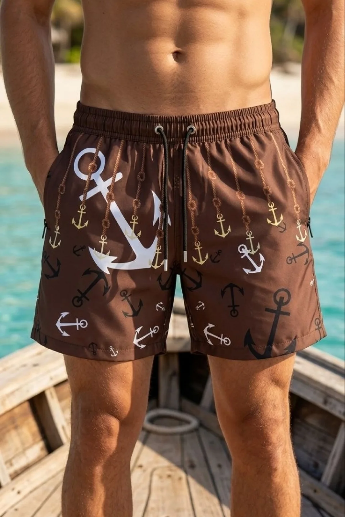 Erkek Deniz Şortu Fermuarlı Cepli File Astarlı Hızlı Kuruyan Premium - Kahverengi