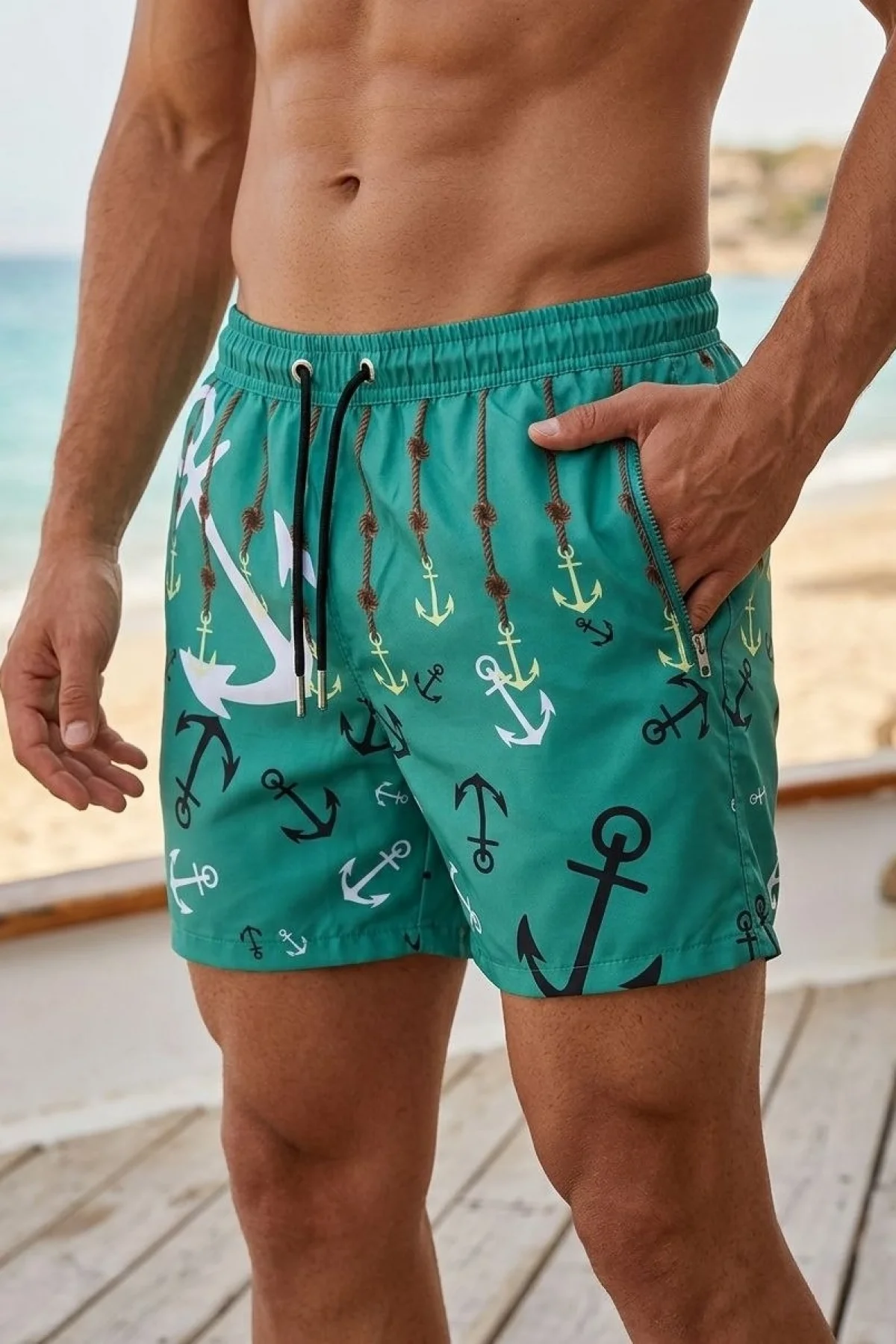 Erkek Deniz Şortu Fermuarlı Cepli File Astarlı Hızlı Kuruyan Premium - Su Yeşili