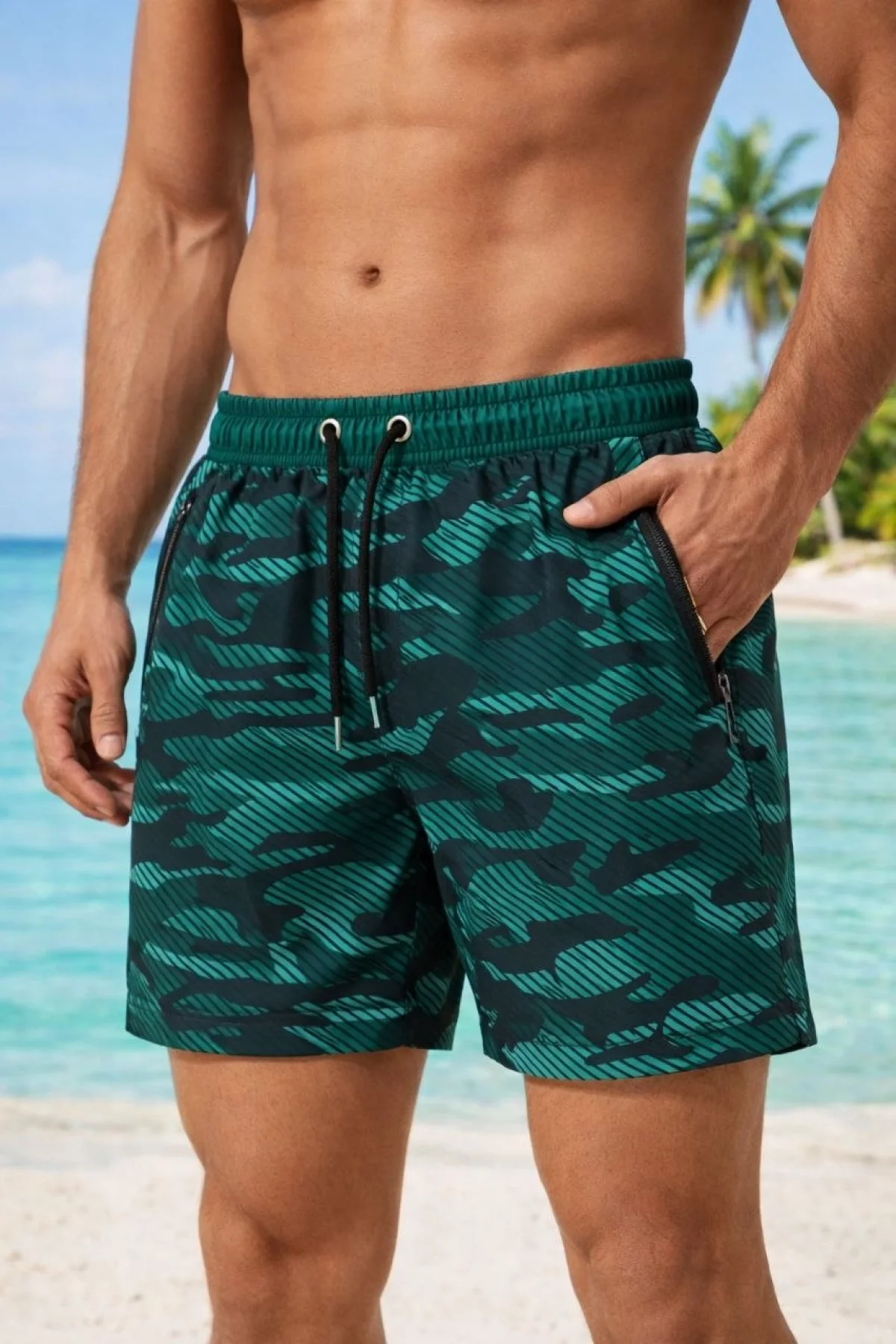 Erkek Deniz Şortu Fermuarlı Cepli File Astarlı Hızlı Kuruyan Premium - Su Yeşili