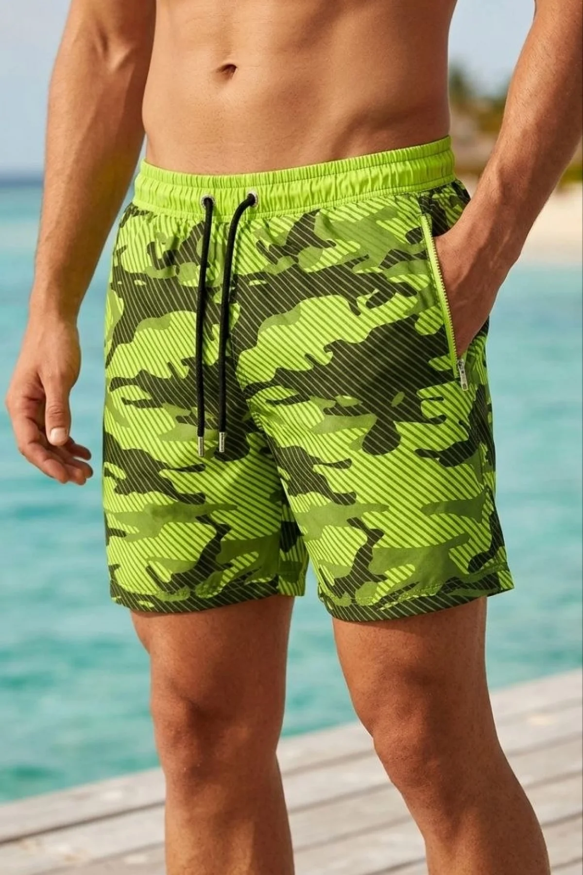 Erkek Deniz Şortu Fermuarlı Cepli File Astarlı Hızlı Kuruyan Premium - Neon Yeşili