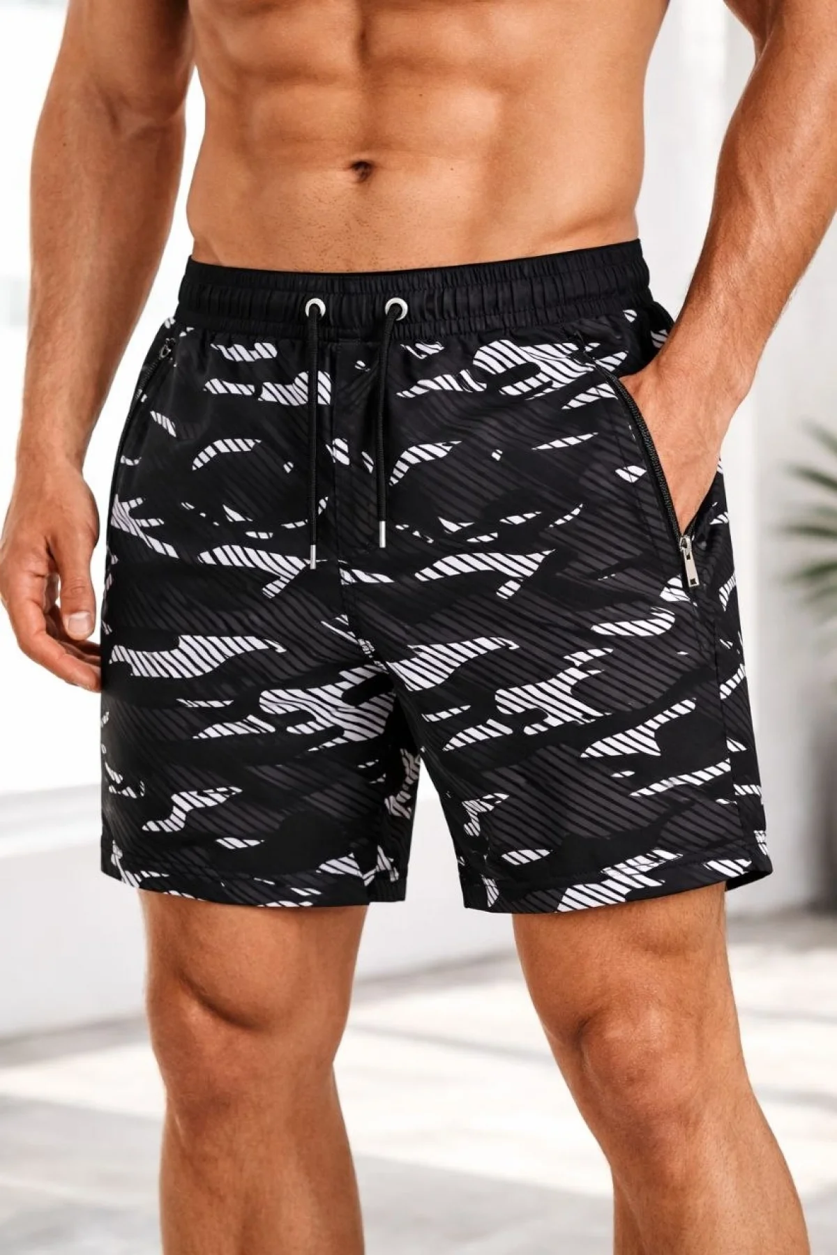 Erkek Deniz Şortu Fermuarlı Cepli File Astarlı Hızlı Kuruyan Premium - Siyah
