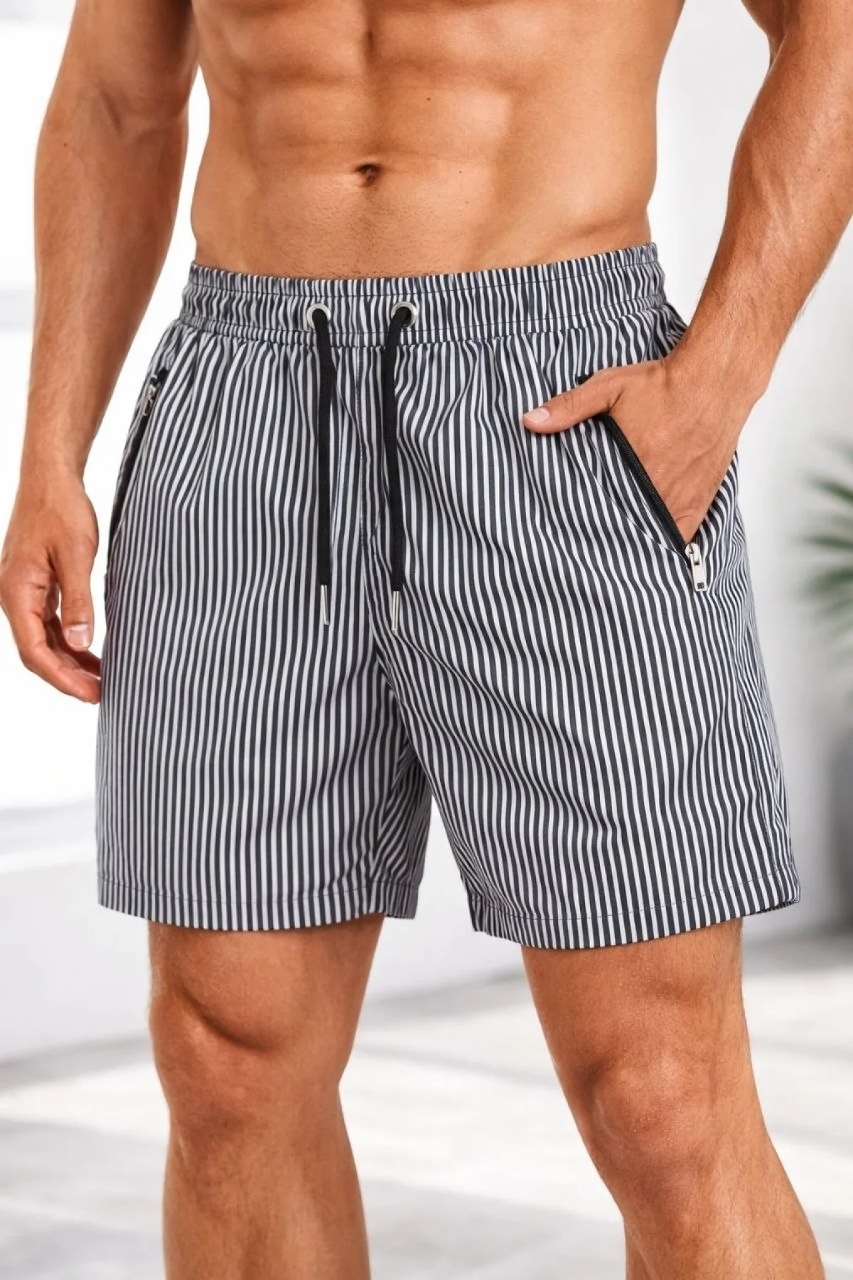 Erkek Deniz Şortu Fermuarlı Cepli File Astarlı Hızlı Kuruyan Premium - Siyah