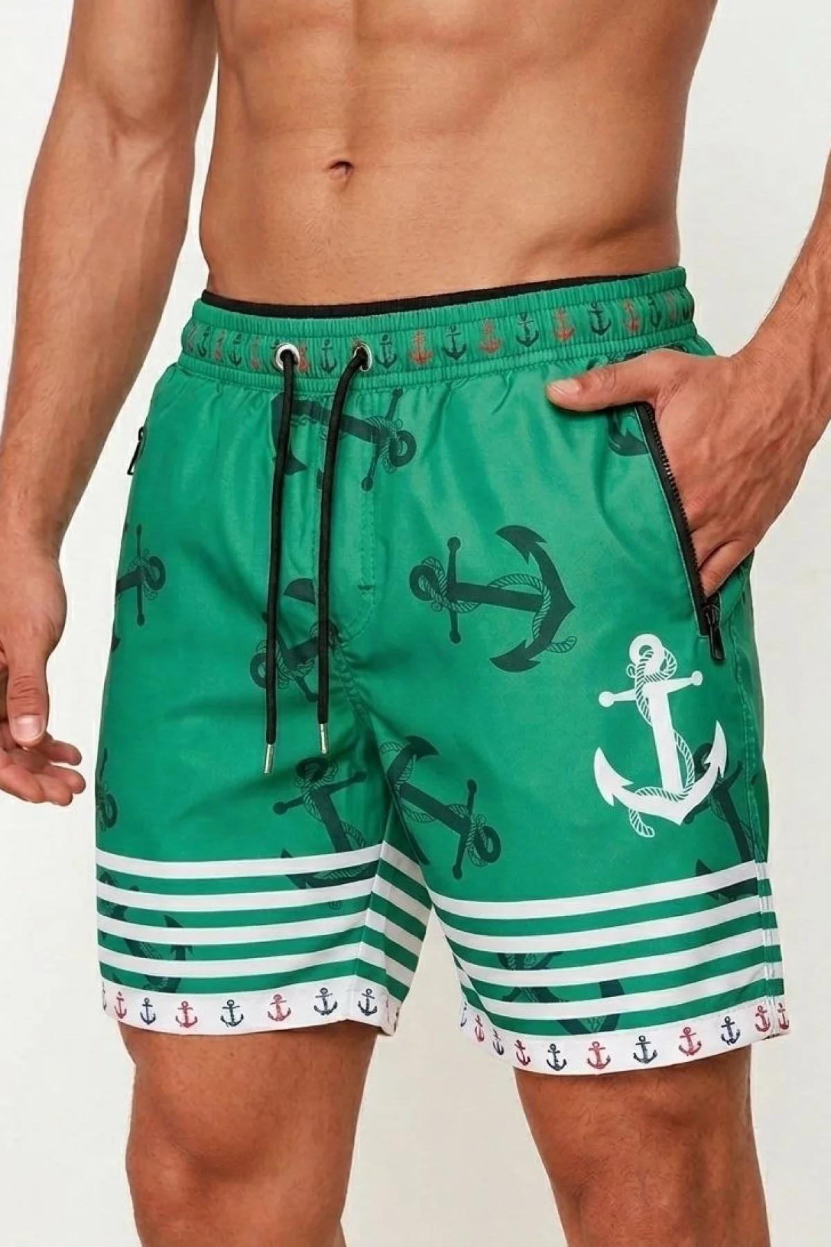 Erkek Deniz Şortu Fermuarlı Cepli File Astarlı Hızlı Kuruyan Premium - Su Yeşili