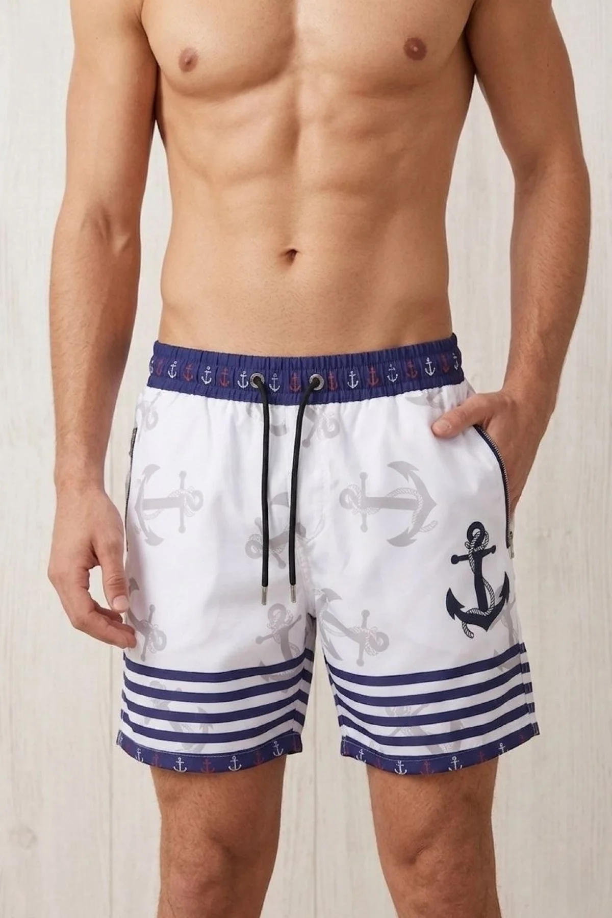 Erkek Deniz Şortu Fermuarlı Cepli File Astarlı Hızlı Kuruyan Premium - Beyaz