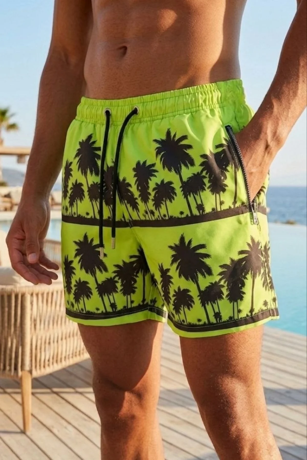 Erkek Deniz Şortu Fermuarlı Cepli File Astarlı Hızlı Kuruyan Premium - Neon Yeşili