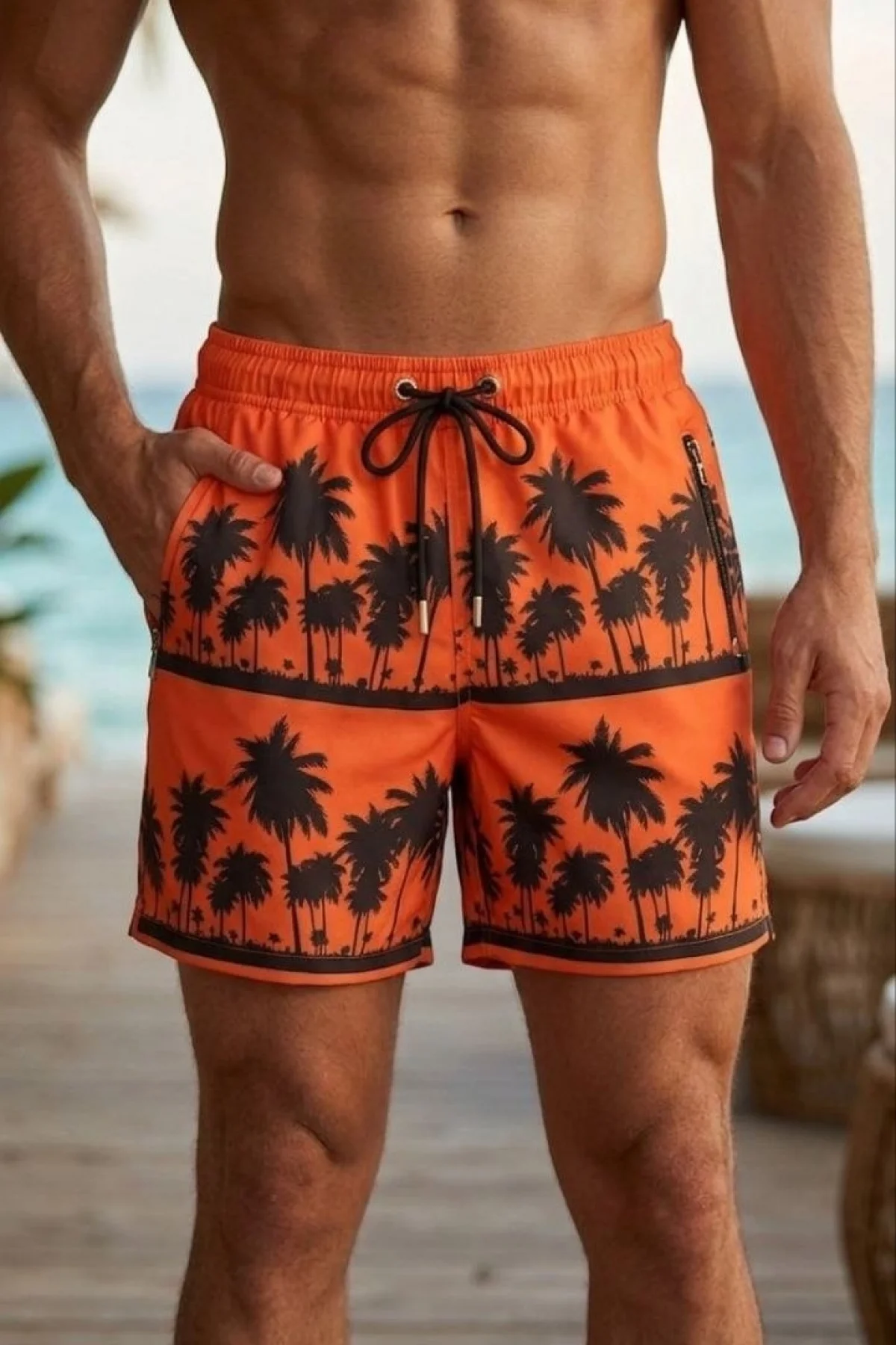 Erkek Deniz Şortu Fermuarlı Cepli File Astarlı Hızlı Kuruyan Premium - Turuncu