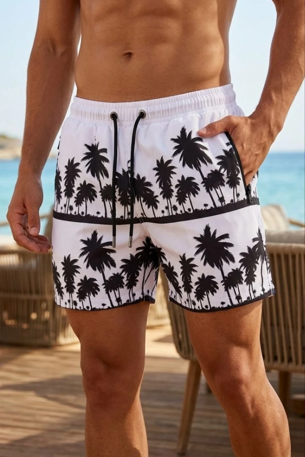 Erkek Deniz Şortu Fermuarlı Cepli File Astarlı Hızlı Kuruyan Premium - Beyaz