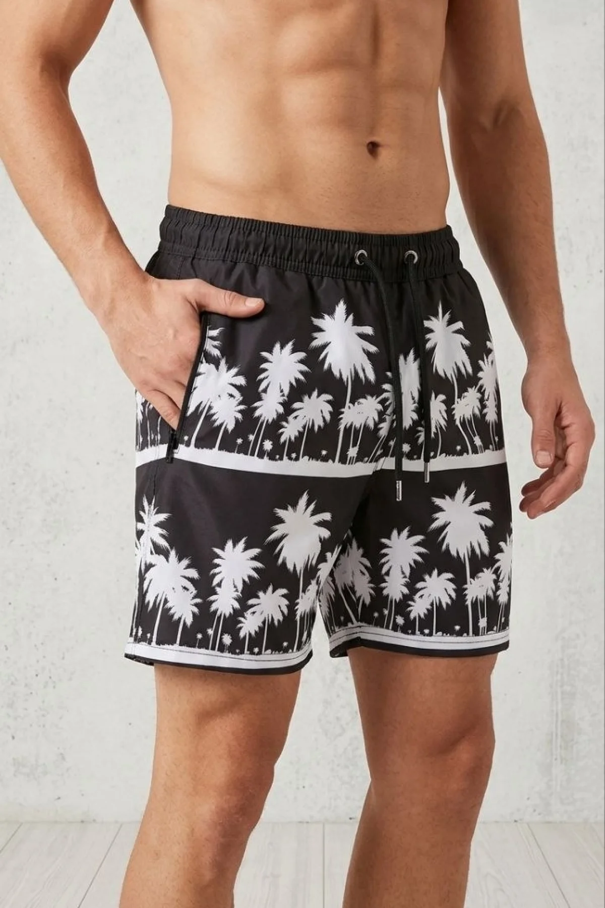 Erkek Deniz Şortu Fermuarlı Cepli File Astarlı Hızlı Kuruyan Premium - Siyah