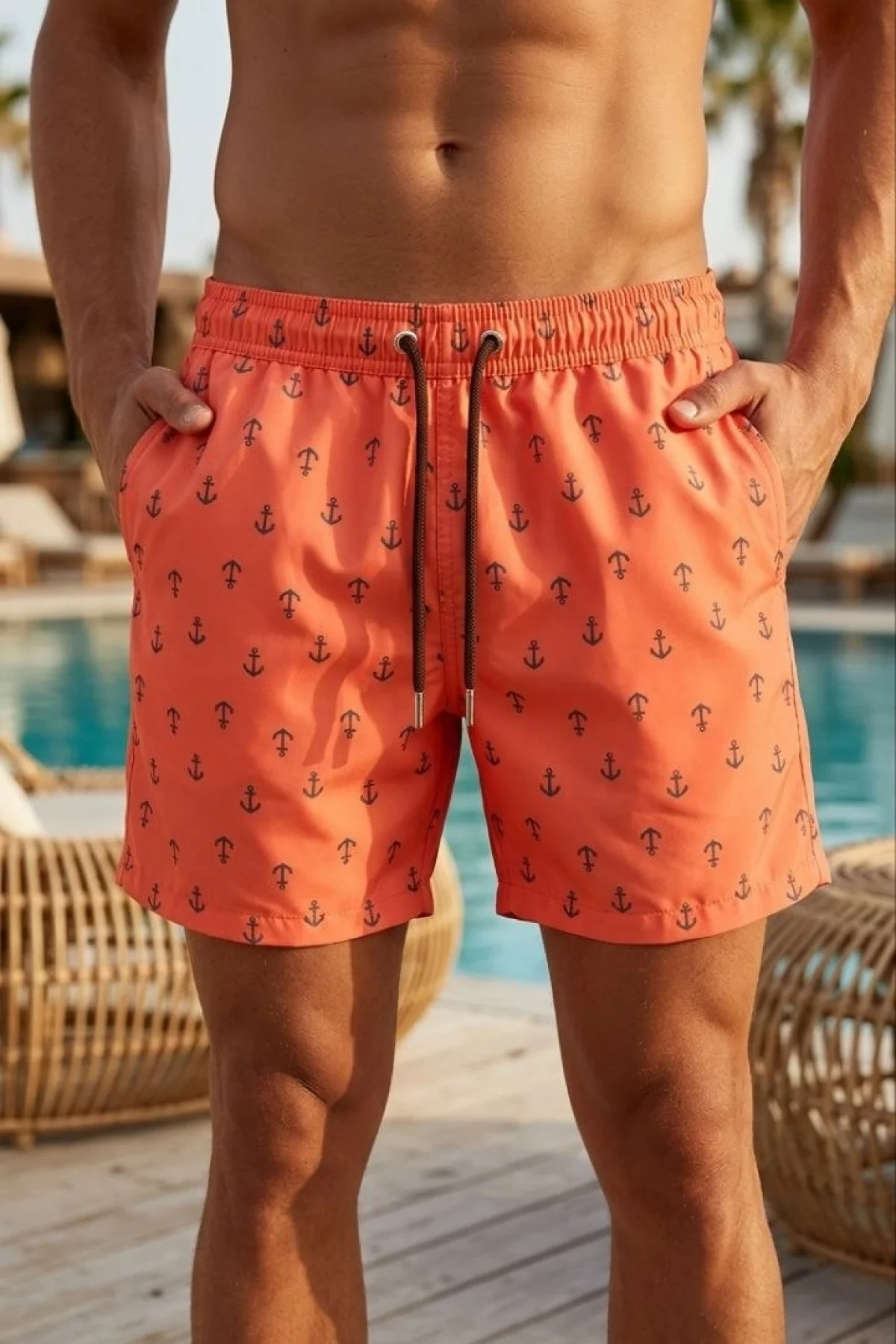 Erkek Deniz Şortu Fermuarlı Cepli File Astarlı Hızlı Kuruyan Premium - Turuncu