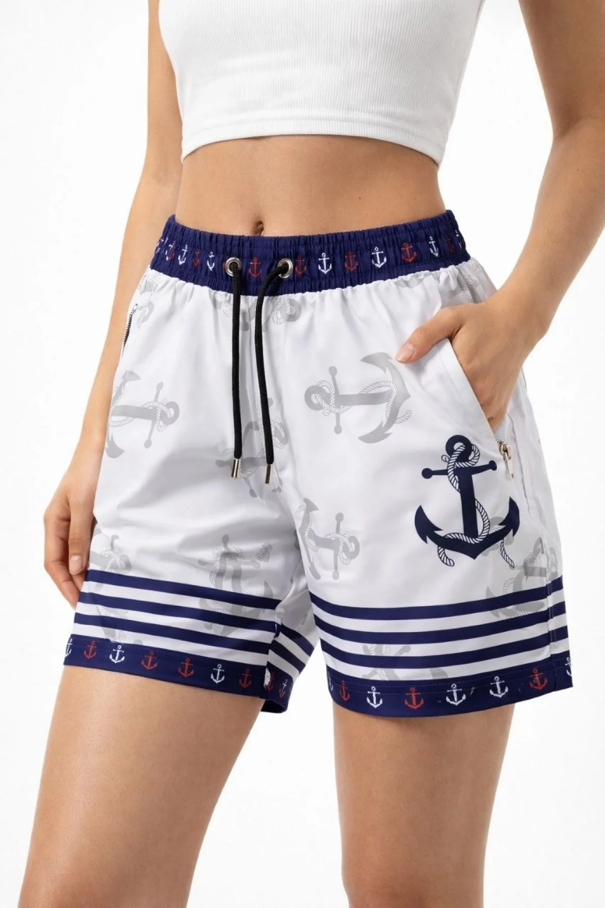 Kadın Deniz Şortu Fermuarlı Cepli File Astarlı Hızlı Kuruyan Premium - Beyaz