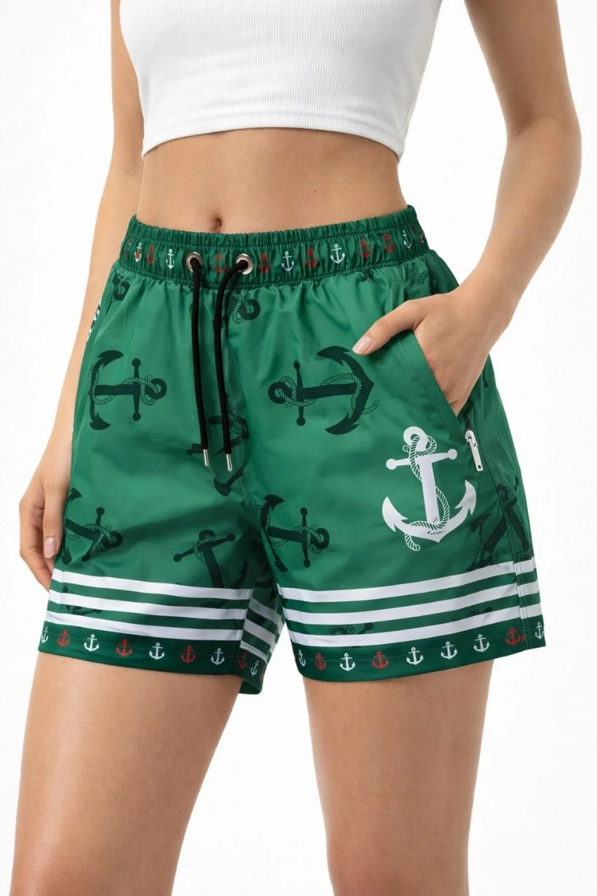 Kadın Deniz Şortu Fermuarlı Cepli File Astarlı Hızlı Kuruyan Premium - Yeşil