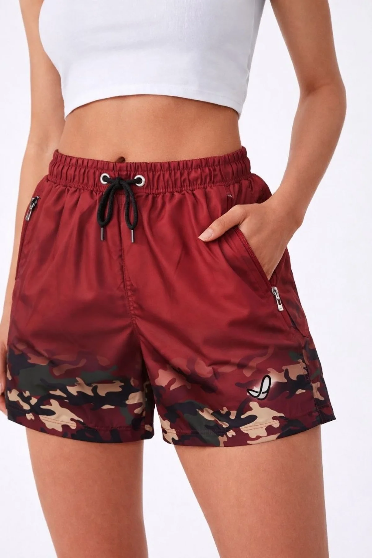 Kadın Deniz Şortu Fermuarlı Cepli File Astarlı Hızlı Kuruyan Premium - Bordo