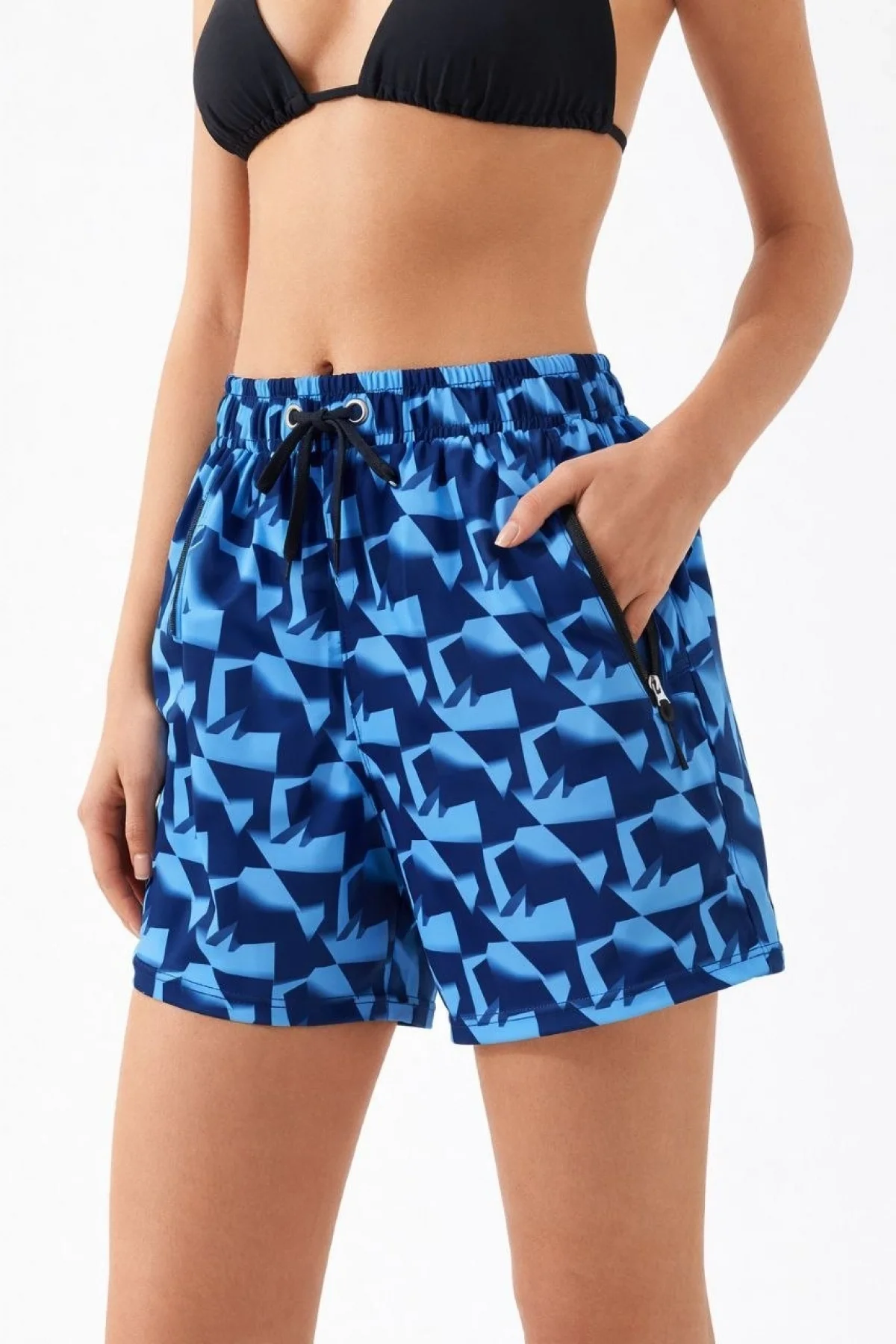 Kadın Deniz Şortu Fermuarlı Cepli File Astarlı Hızlı Kuruyan Premium - Mavi