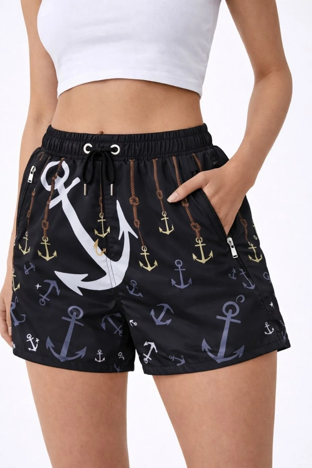 Kadın Deniz Şortu Fermuarlı Cepli File Astarlı Hızlı Kuruyan Premium - Siyah