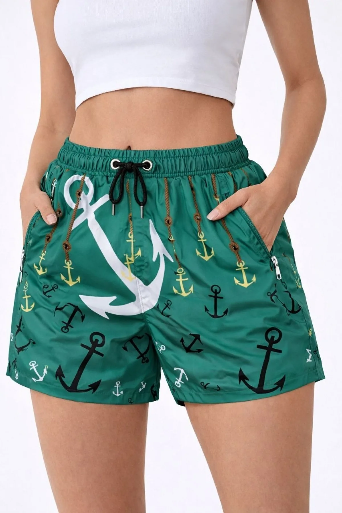 Kadın Deniz Şortu Fermuarlı Cepli File Astarlı Hızlı Kuruyan Premium - Su Yeşili