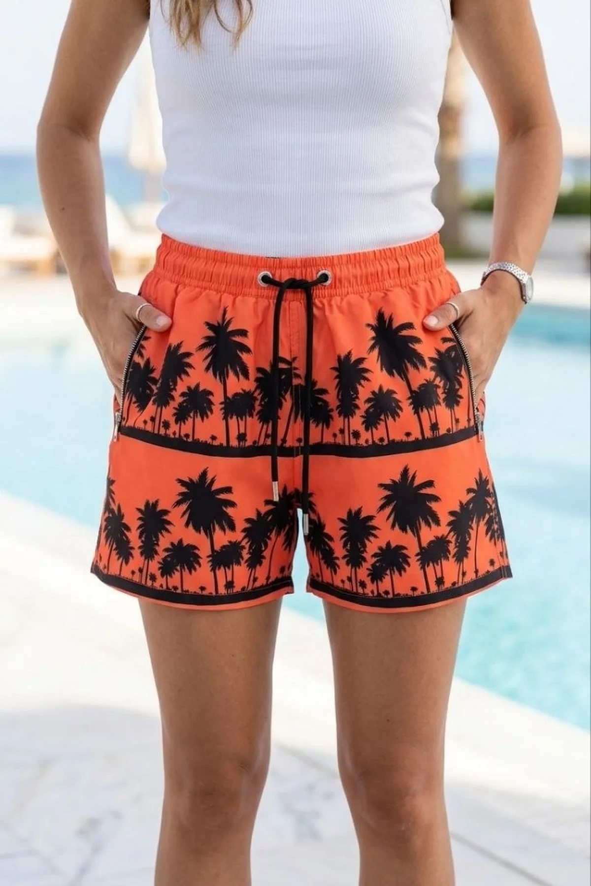 Kadın Deniz Şortu Fermuarlı Cepli File Astarlı Hızlı Kuruyan Premium - Turuncu