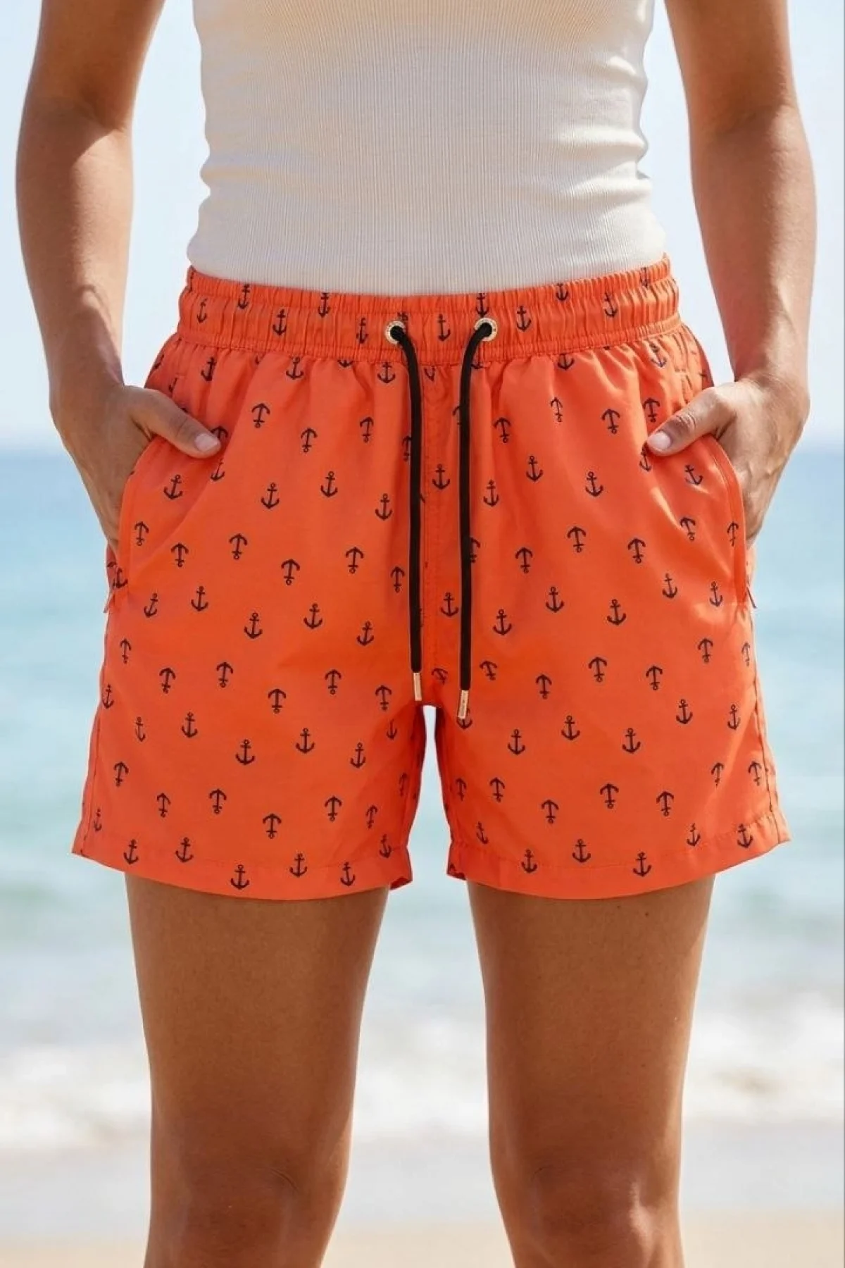 Kadın Deniz Şortu Fermuarlı Cepli File Astarlı Hızlı Kuruyan Premium - Turuncu