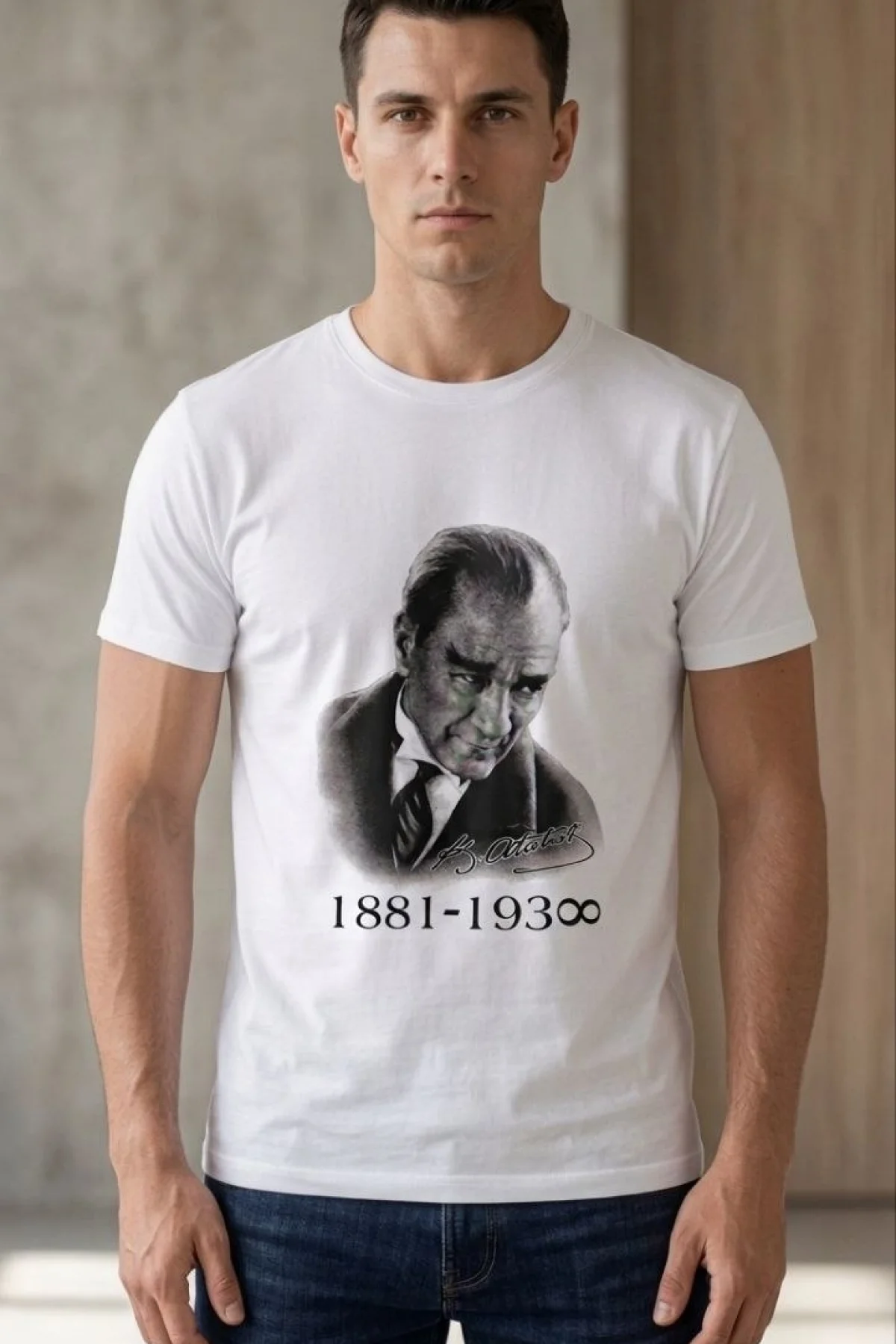 Erkek Atatürk Baskılı Tişört Kısa Kollu Bisiklet Yaka T-Shirt - Beyaz