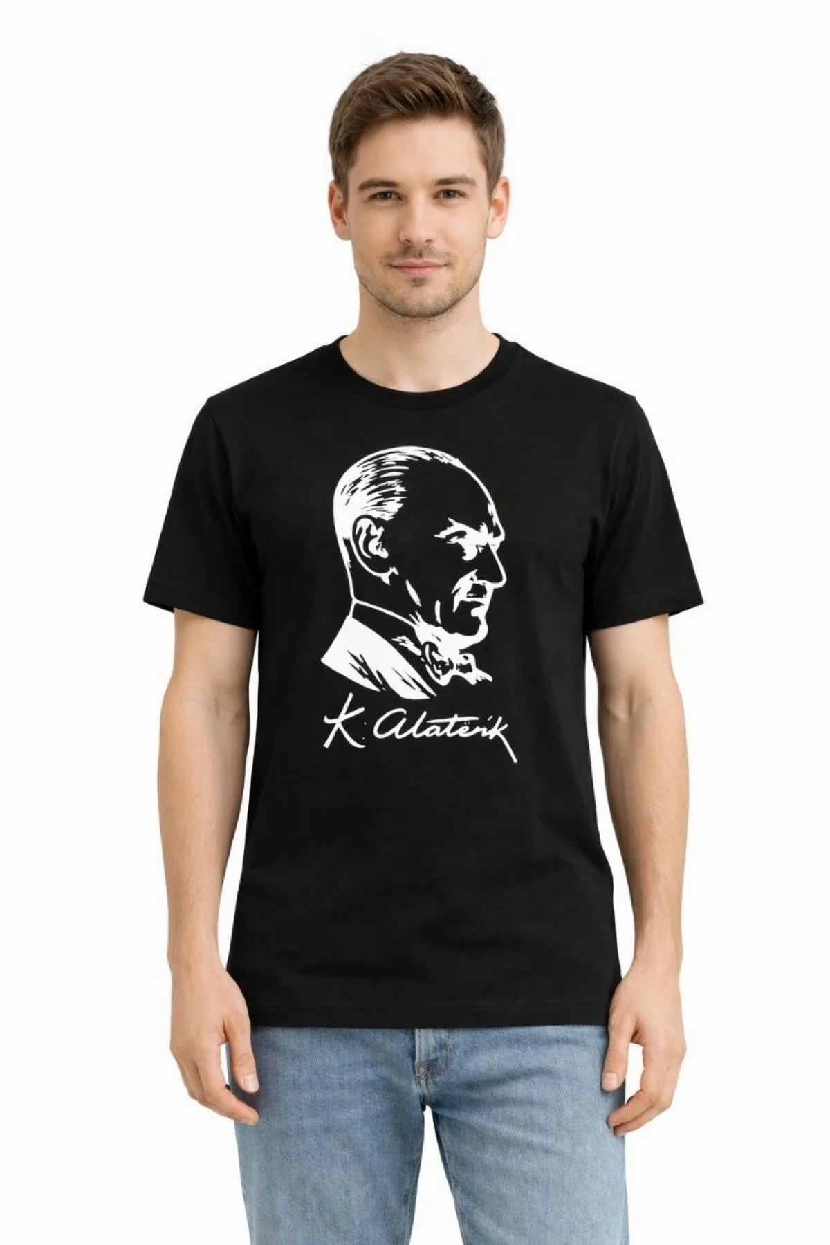 Erkek Atatürk Baskılı Tişört Kısa Kollu Bisiklet Yaka T-Shirt - Siyah