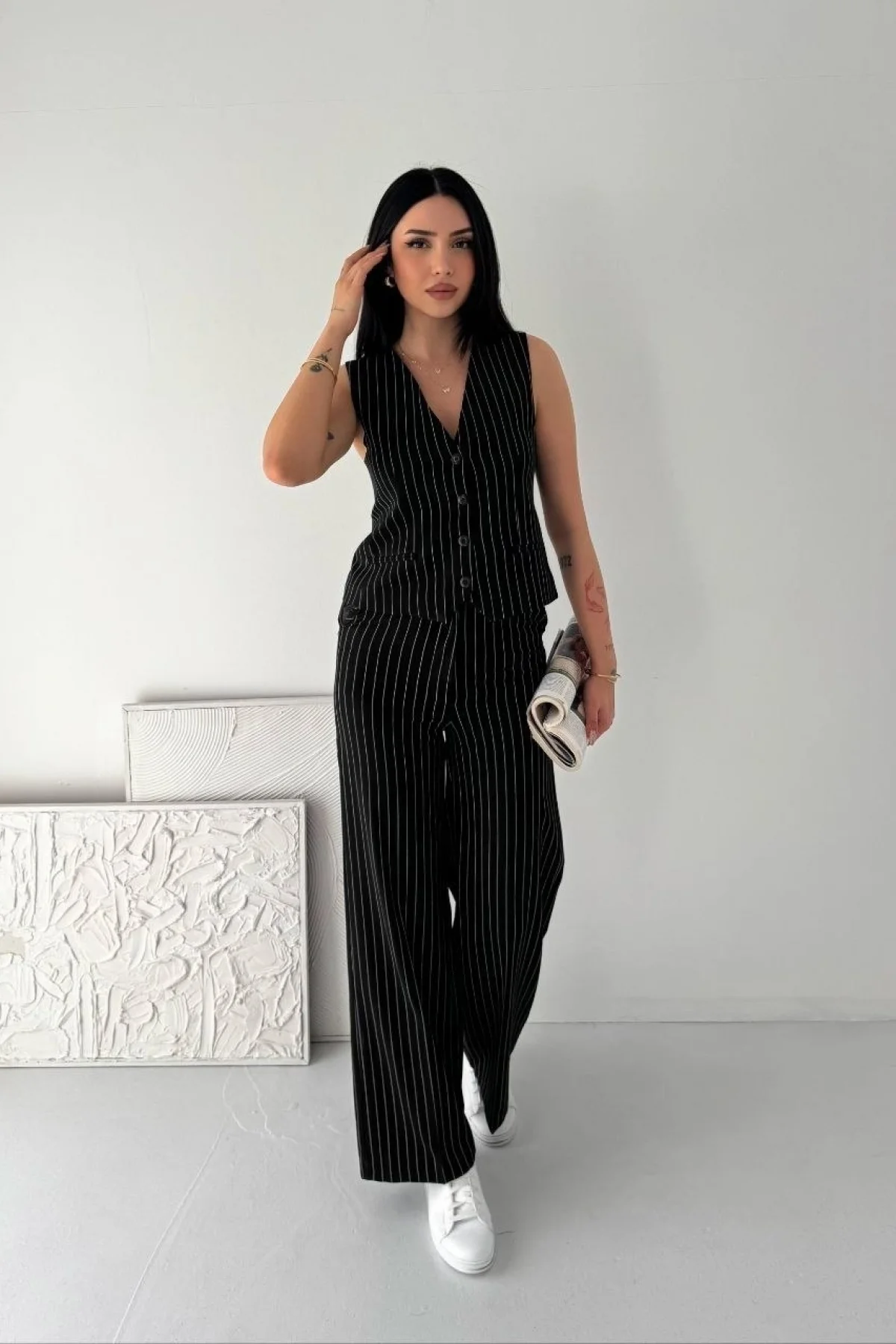 Kadın Çizgili Tansel Kumaş Yelek Pantolon İkili Takım Ofis Şık Modern - Siyah
