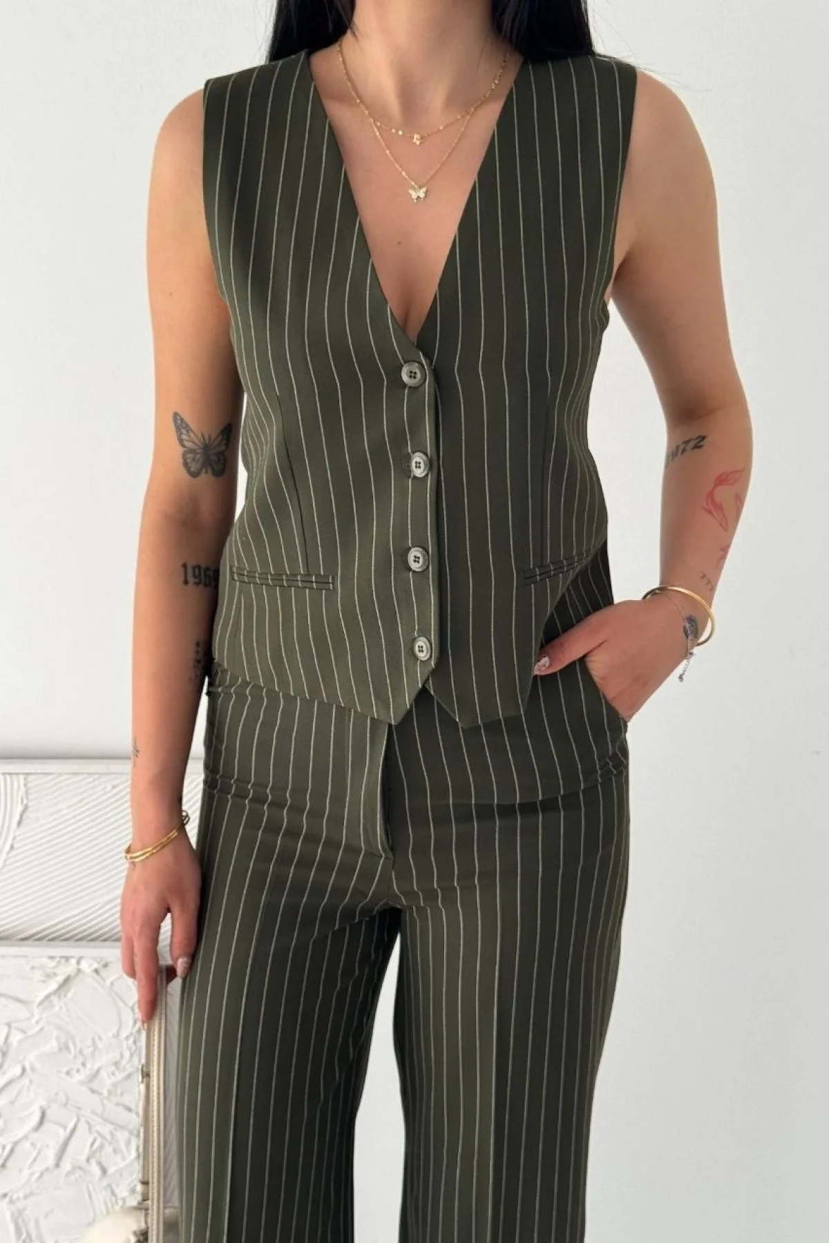 Kadın Çizgili Tansel Kumaş Yelek Pantolon İkili Takım Ofis Şık Modern - Haki