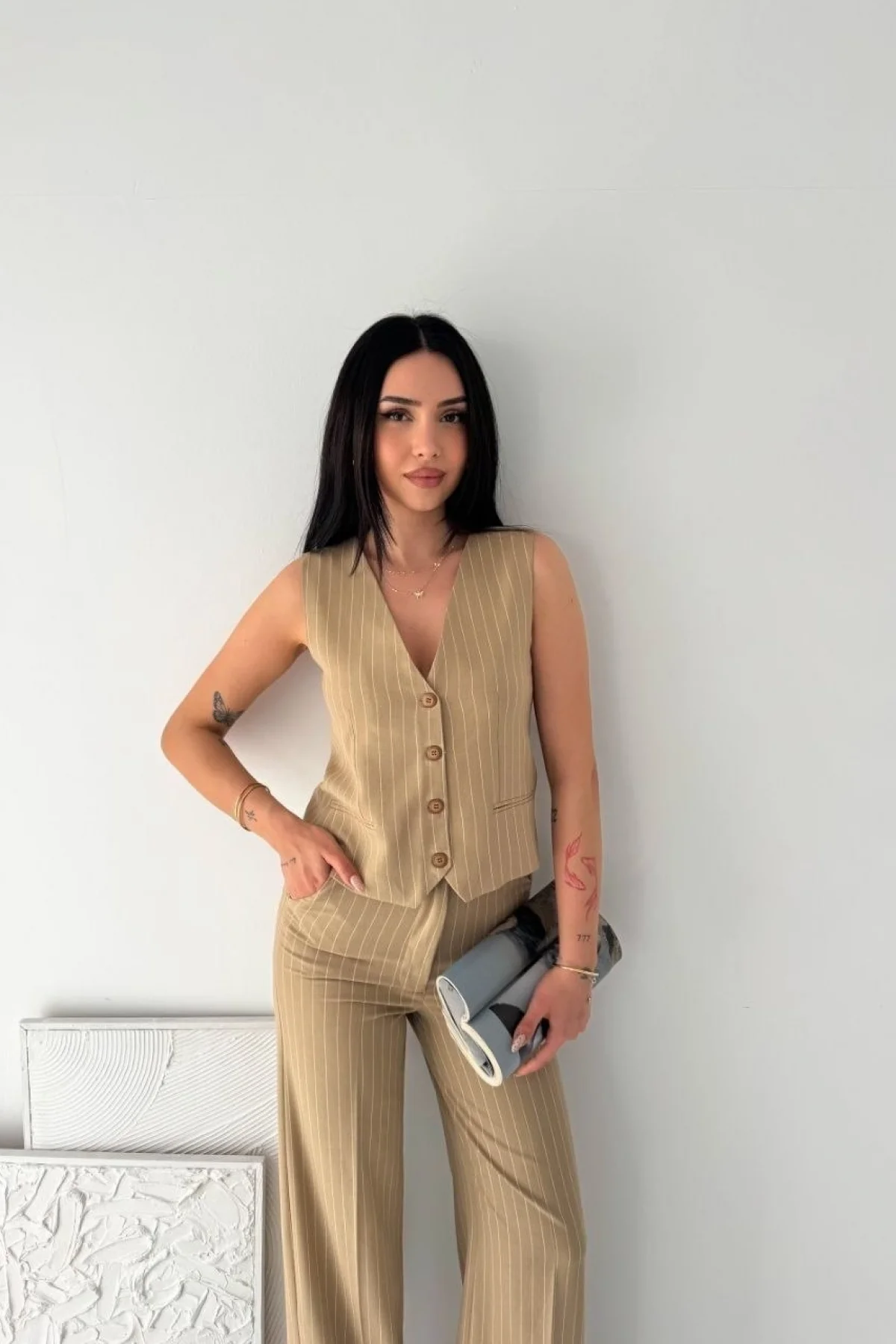 Kadın Çizgili Tansel Kumaş Yelek Pantolon İkili Takım Ofis Şık Modern - Bej