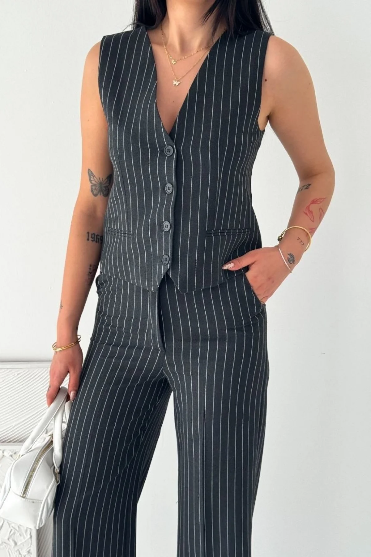 Kadın Çizgili Tansel Kumaş Yelek Pantolon İkili Takım Ofis Şık Modern - Füme