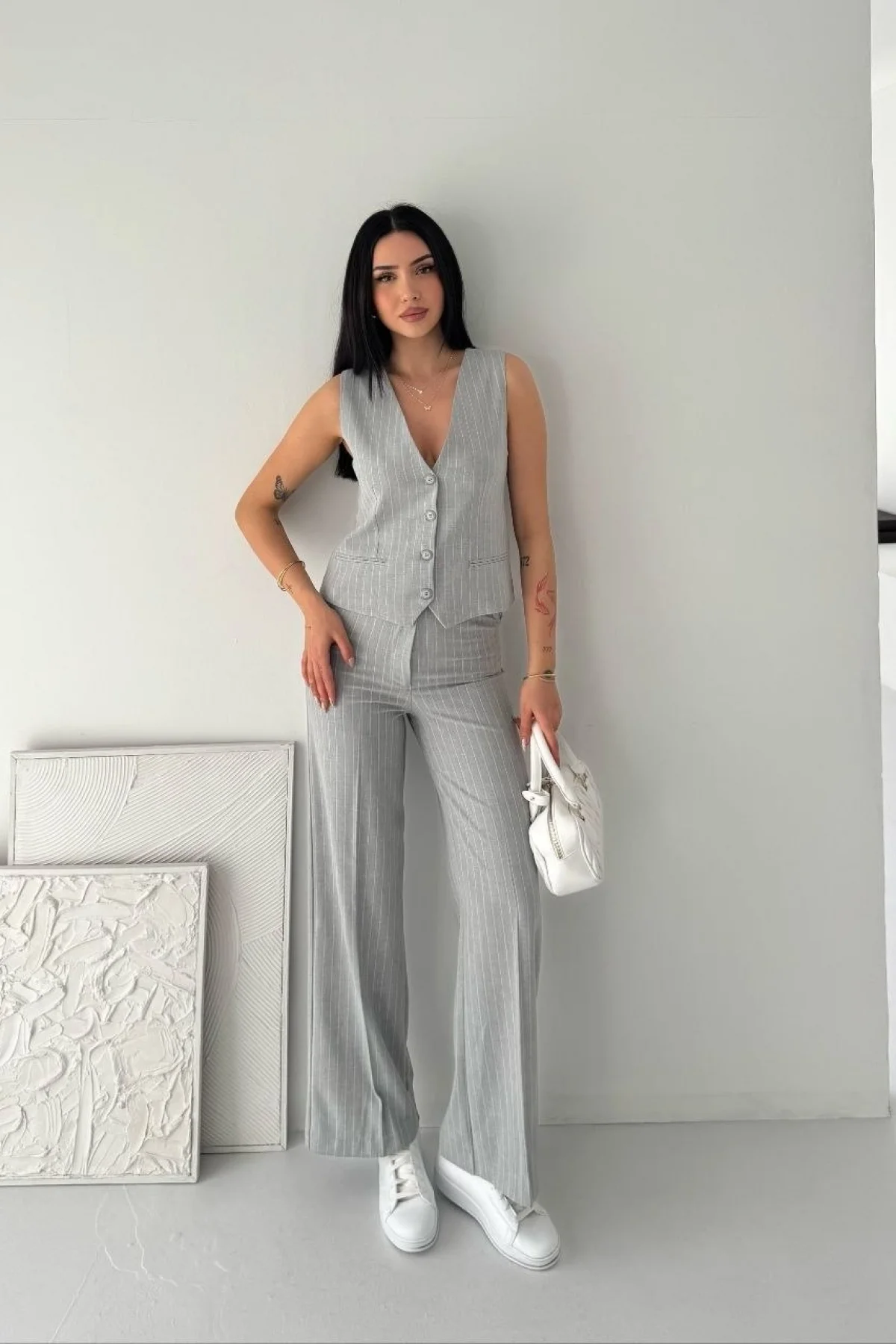 Kadın Çizgili Tansel Kumaş Yelek Pantolon İkili Takım Ofis Şık Modern - Gri