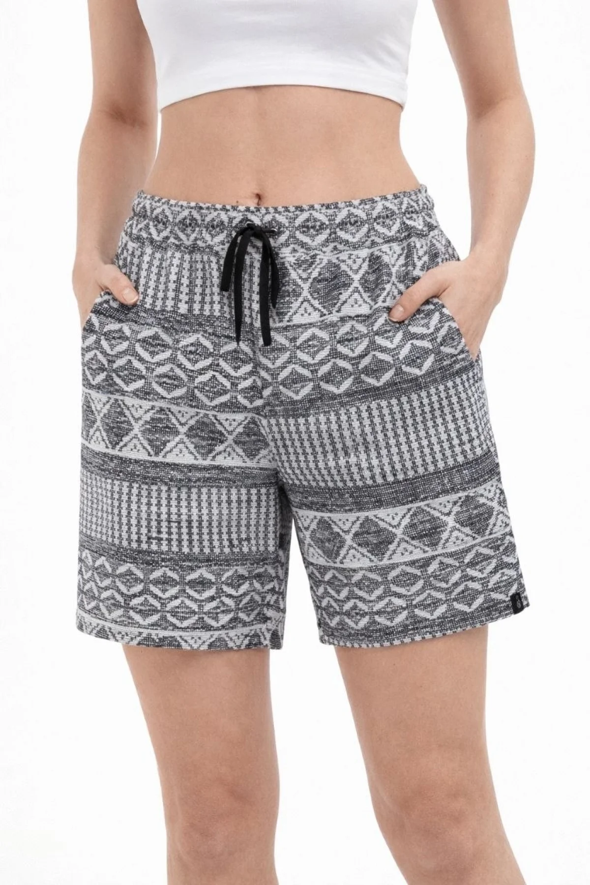 Kadın Etnik Desenli Dokuma Şort Lastikli Bel Bağcıklı Cepli Yazlık - Gri