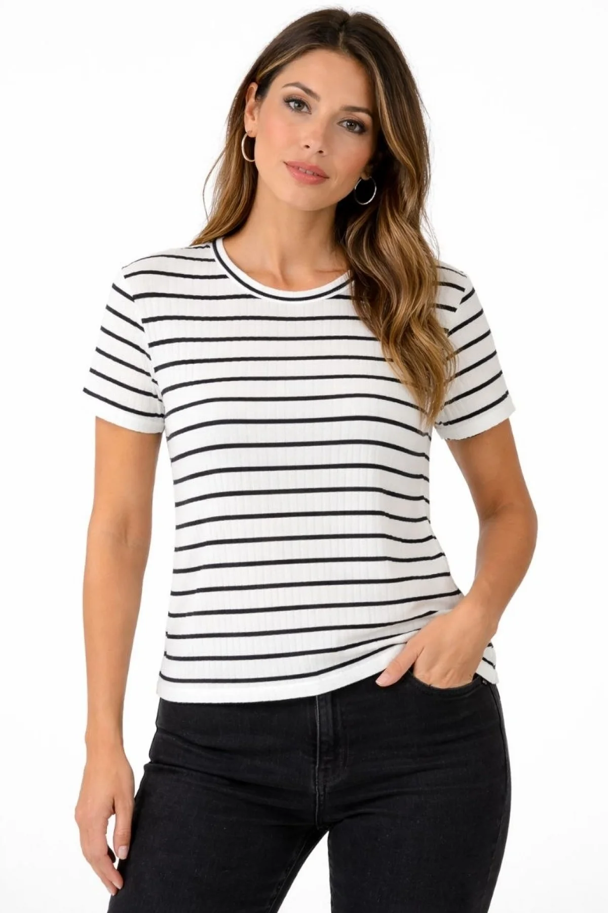 Kadın Çizgili Yazlık Triko T-Shirt Bisiklet Yaka Rahat Kalıp Tişört - Beyaz