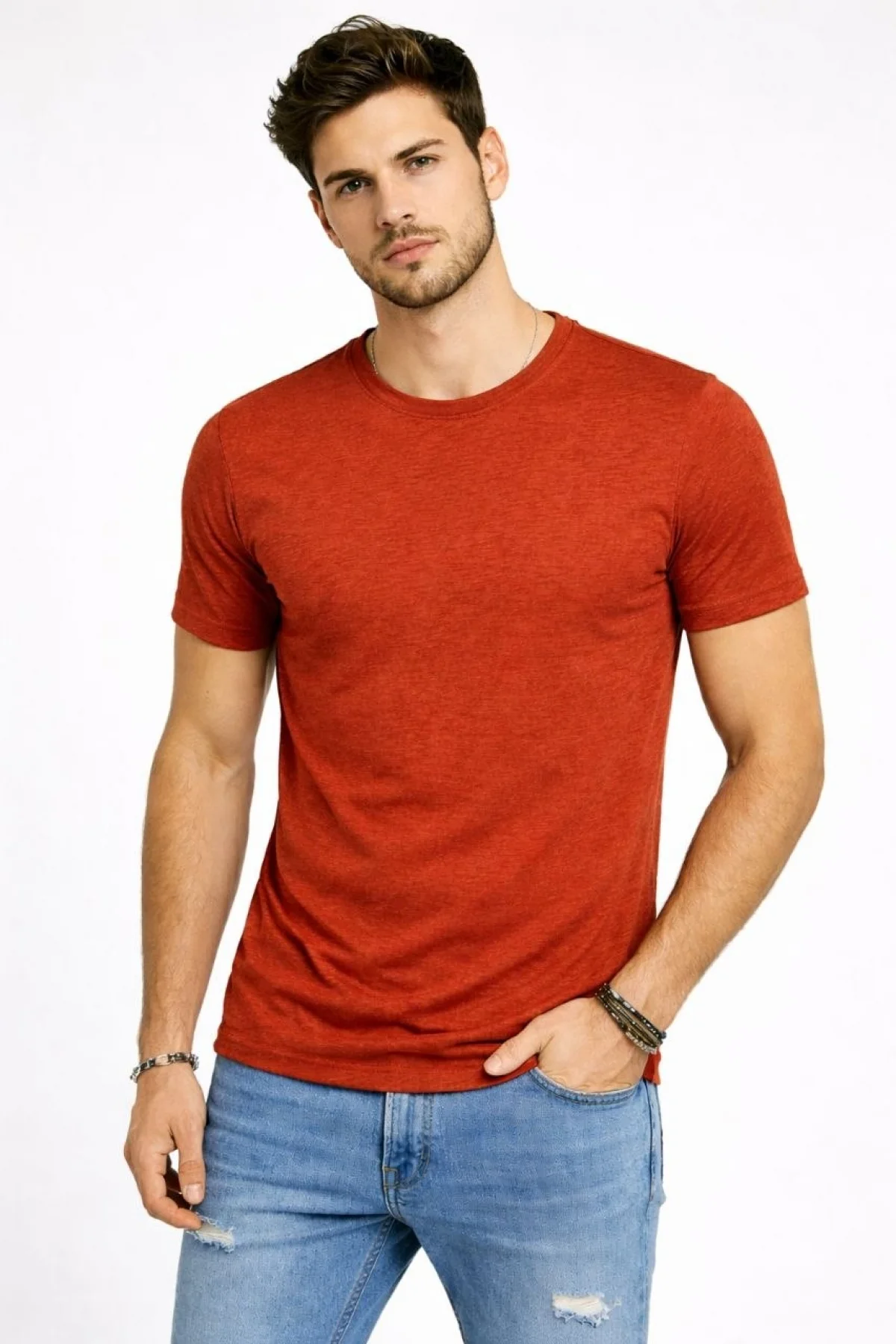 Erkek Flam Kumaş Melanj Dokulu Regular Fit Tişört Bisiklet Yaka Yazlık T-Shirt - Kiremit