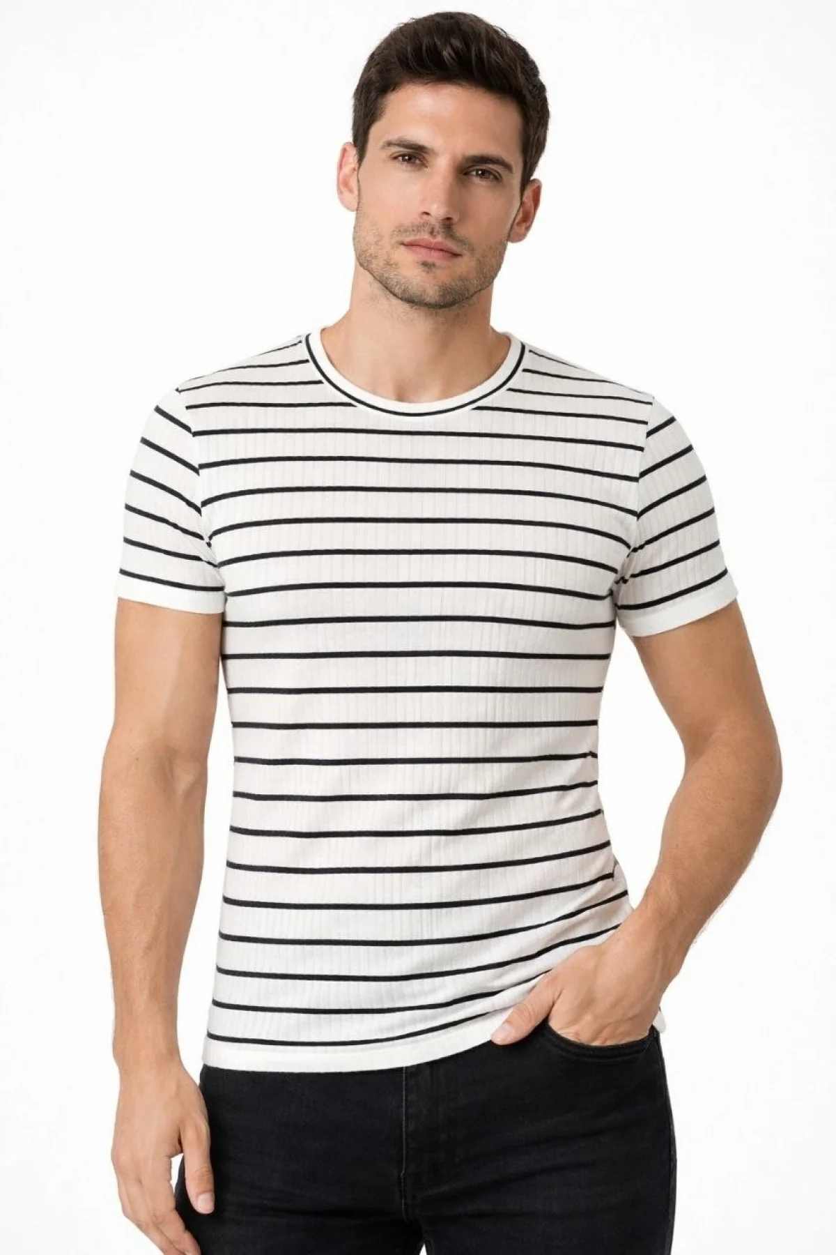 Erkek Çizgili Yazlık Triko T-Shirt Slim Fit Dar Kesim Body Bisiklet Yaka - Beyaz