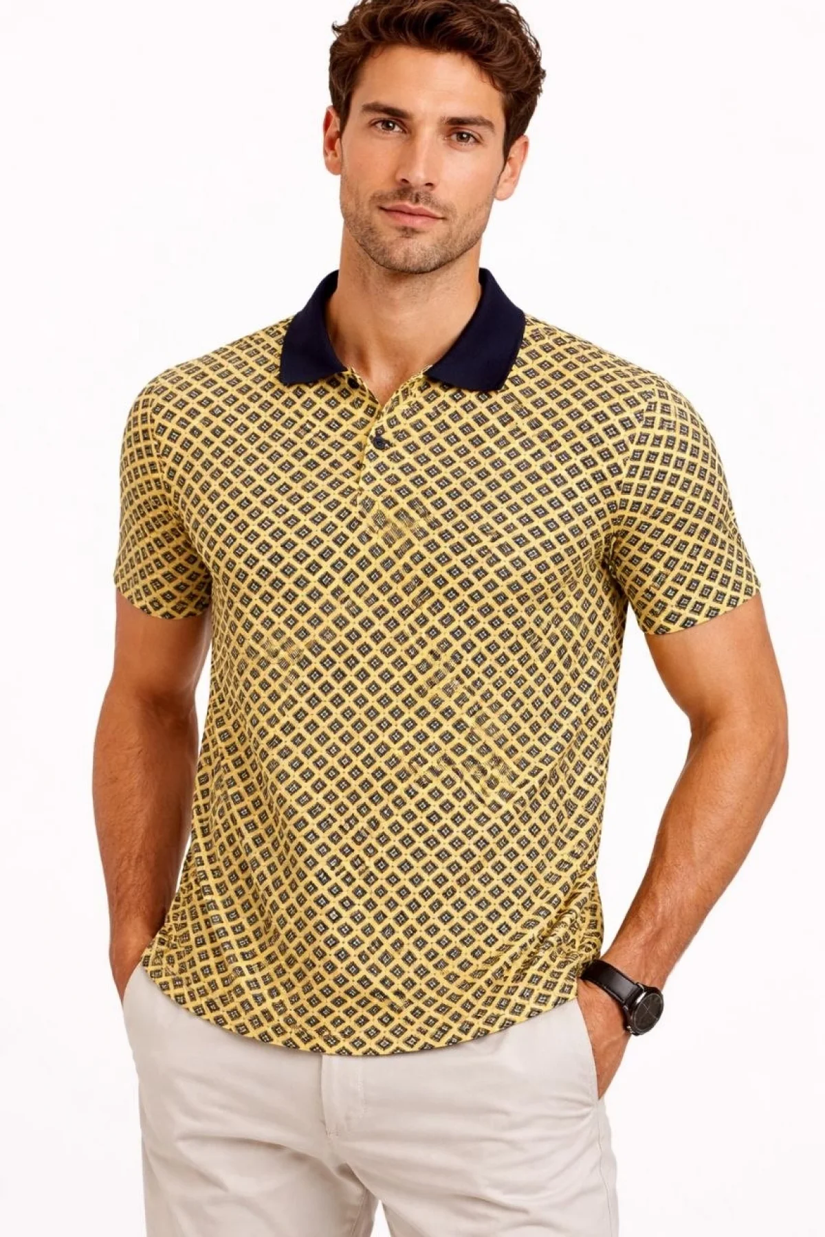 Erkek Pike Kumaş Polo Yaka Desenli Tişört Kısa Kol Yazlık T-Shirt - Sarı