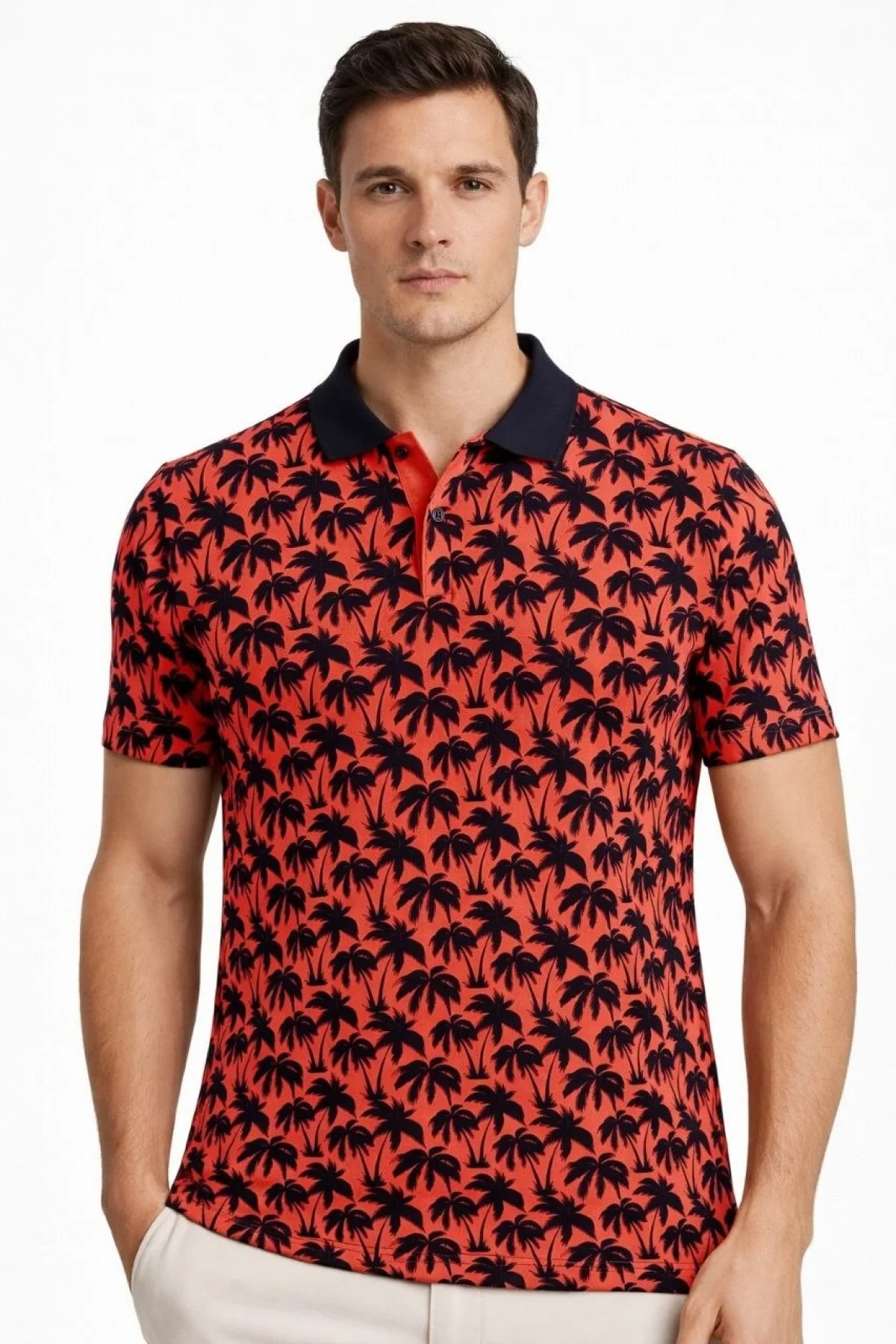 Erkek Pike Kumaş Polo Yaka Palmiye Desenli Tişört Kısa Kol Yazlık T-Shirt - Kırmızı