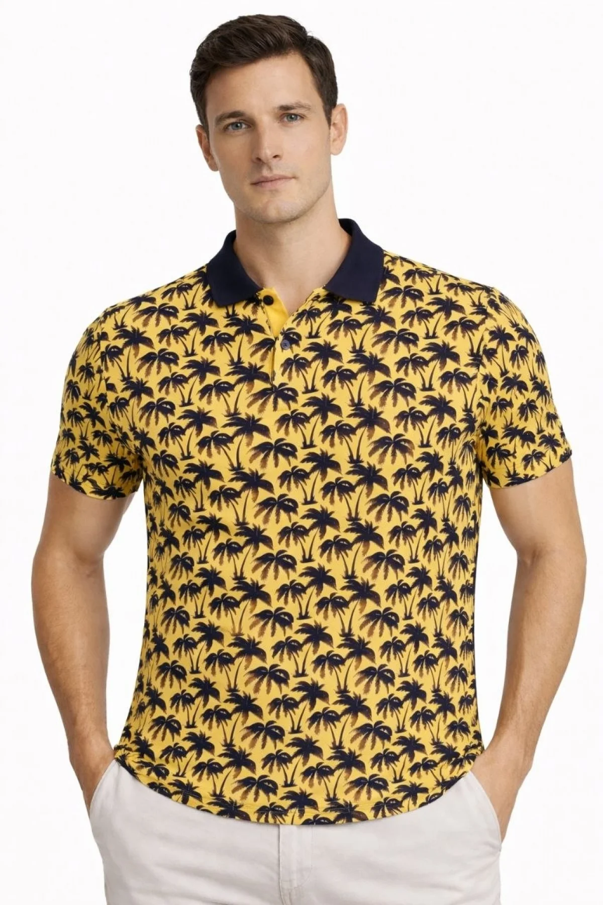 Erkek Pike Kumaş Polo Yaka Palmiye Desenli Tişört Kısa Kol Yazlık T-Shirt - Sarı