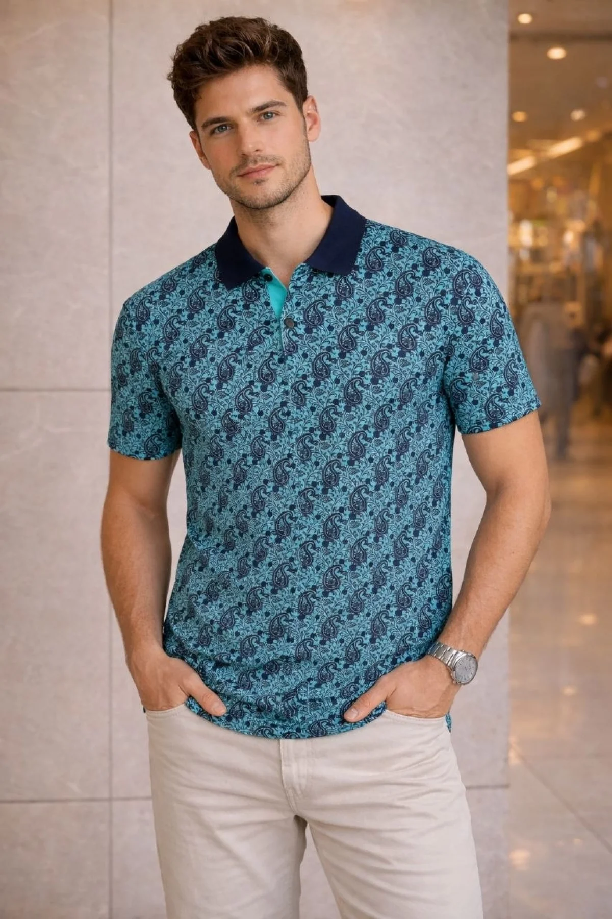 Erkek Pike Kumaş Polo Yaka Palmiye Desenli Tişört Kısa Kol Yazlık T-Shirt - Turkuaz