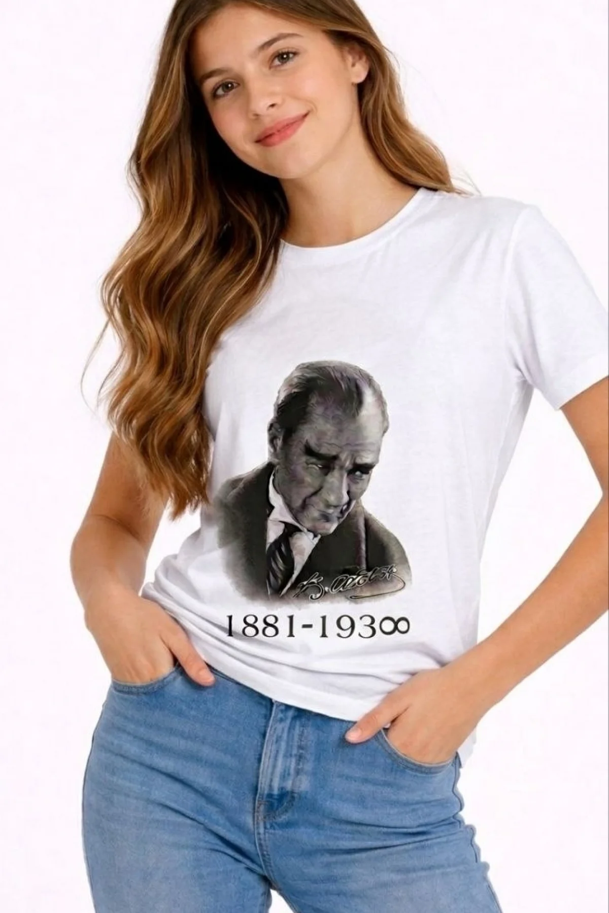 Kız Çocuk Atatürk Baskılı Tişört Kısa Kollu Bisiklet Yaka T-Shirt - Beyaz