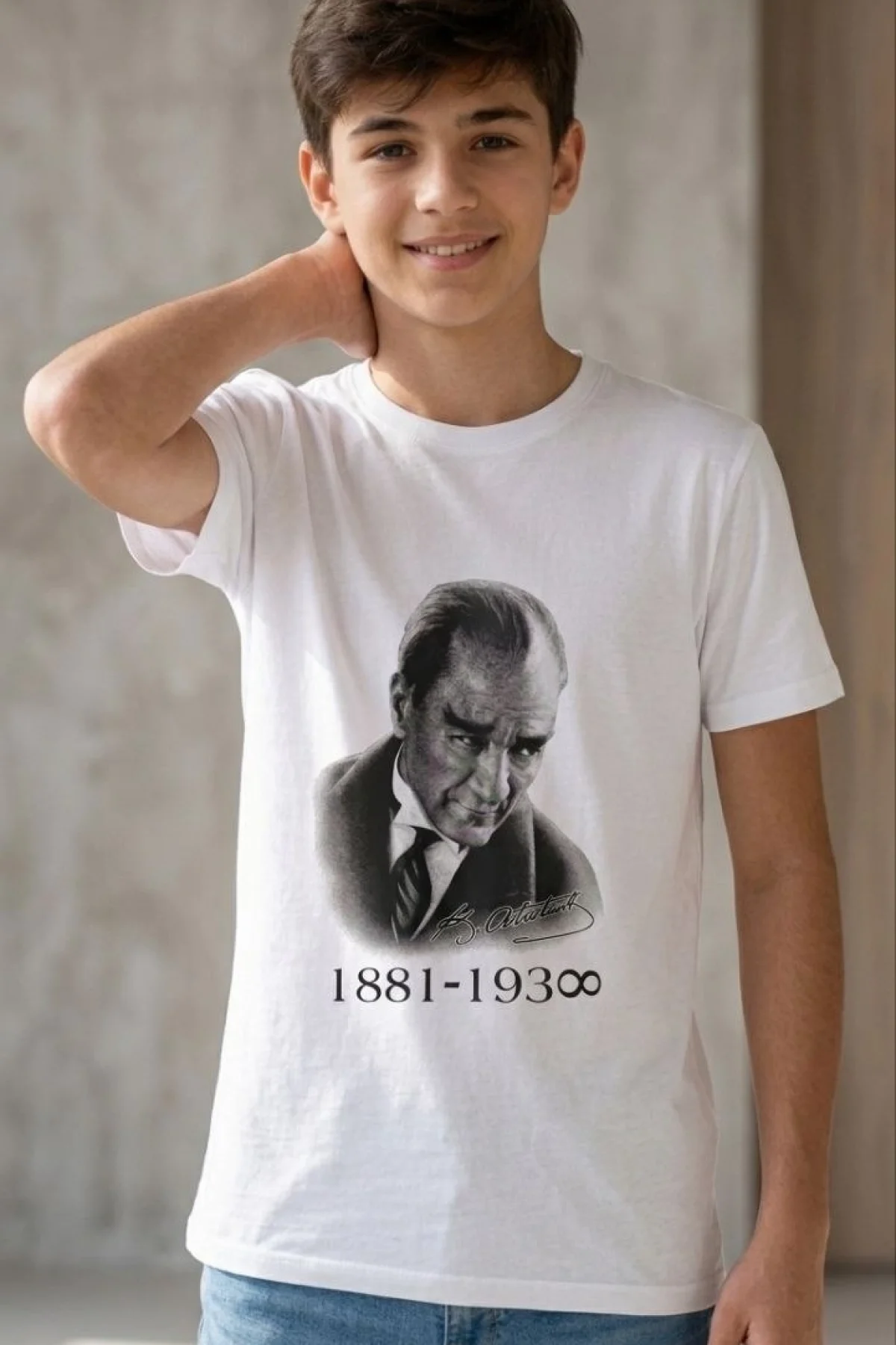 Erkek Çocuk Atatürk Baskılı Tişört Kısa Kollu Bisiklet Yaka T-Shirt - Beyaz