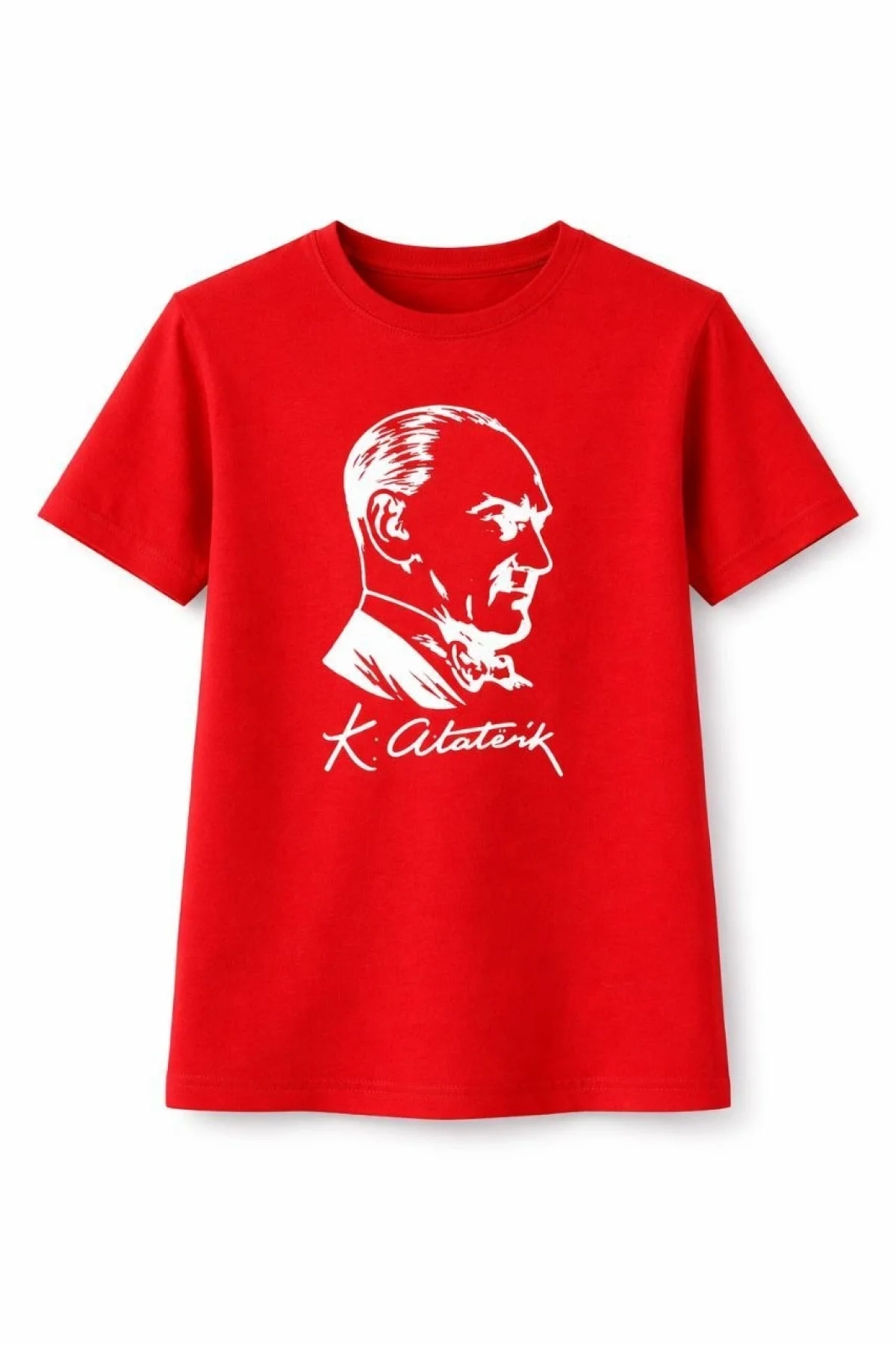 Kız Çocuk Atatürk Baskılı Tişört Kısa Kollu Bisiklet Yaka T-Shirt - Kırmızı