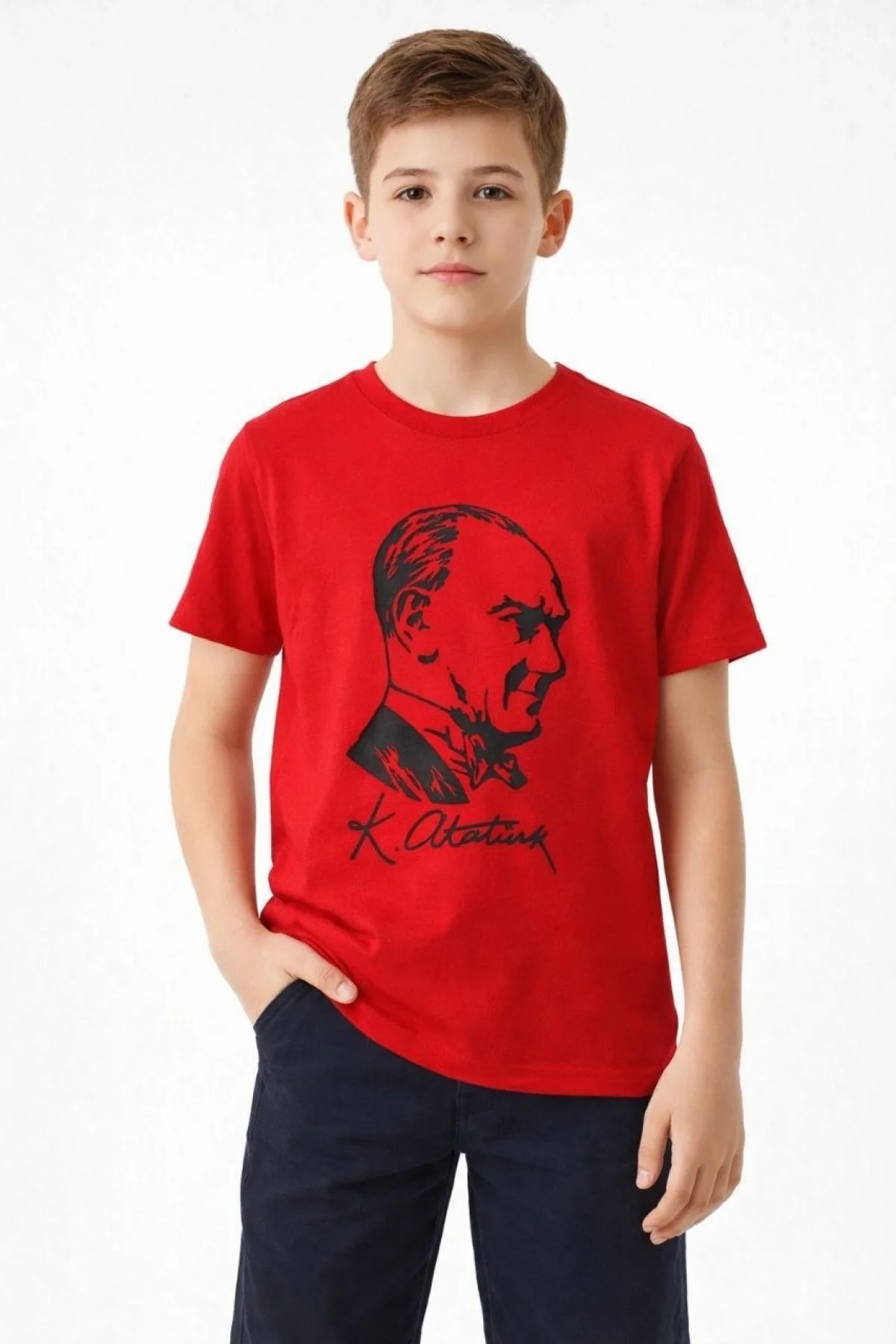 Erkek Çocuk Atatürk Baskılı Tişört Kısa Kollu Bisiklet Yaka T-Shirt - Kırmızı